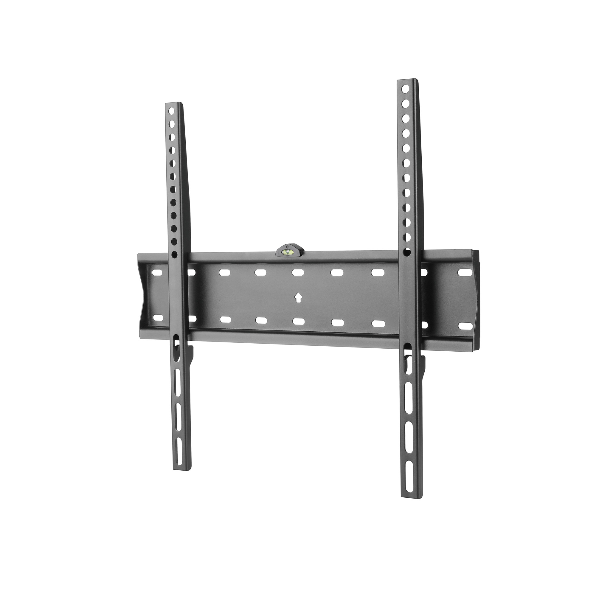 A gray metal TV wall mount with vertical bars and a horizontal support. A level is in the center.
