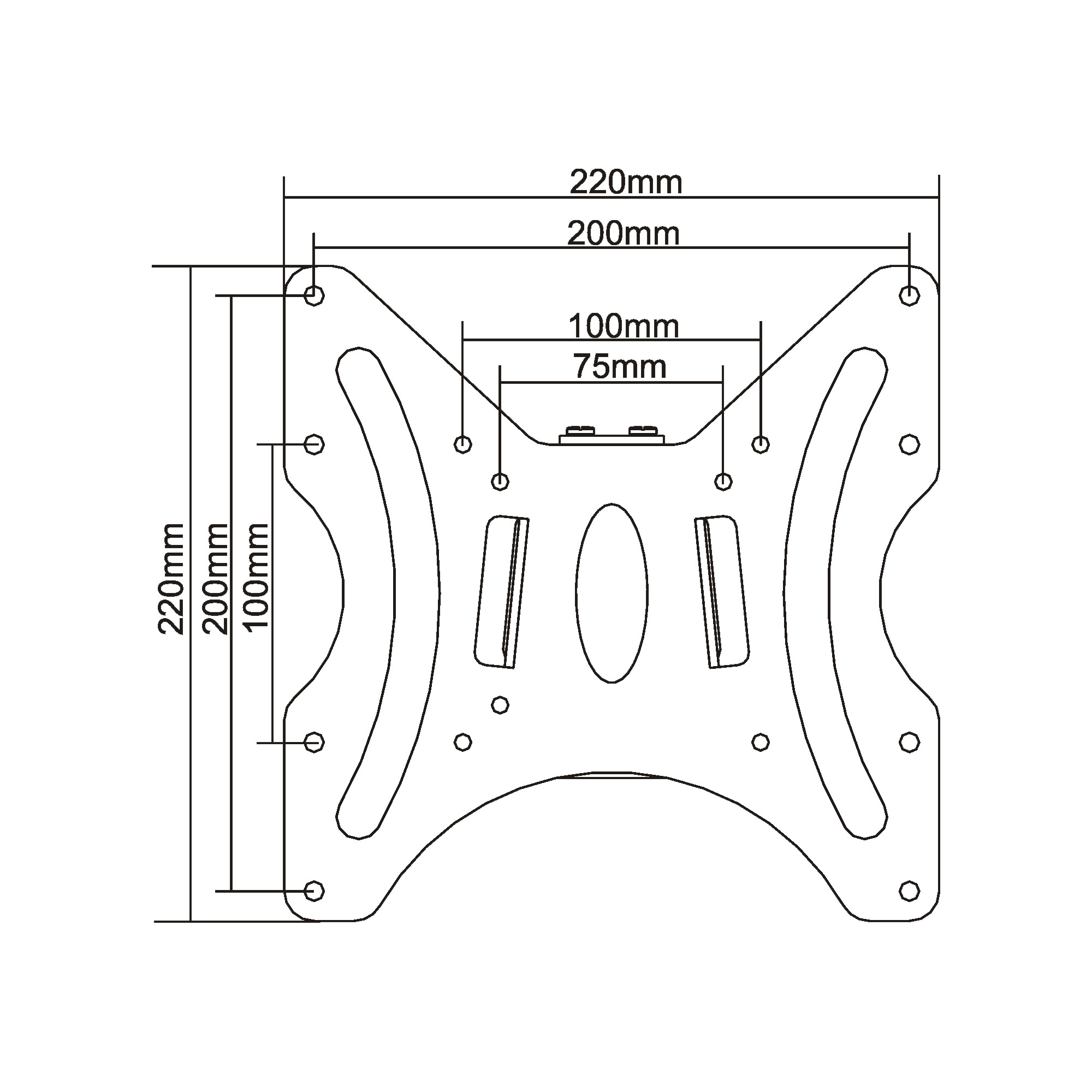Diagramma di un supporto TV in metallo nero, con dimensioni. Contiene diversi fori di montaggio.
