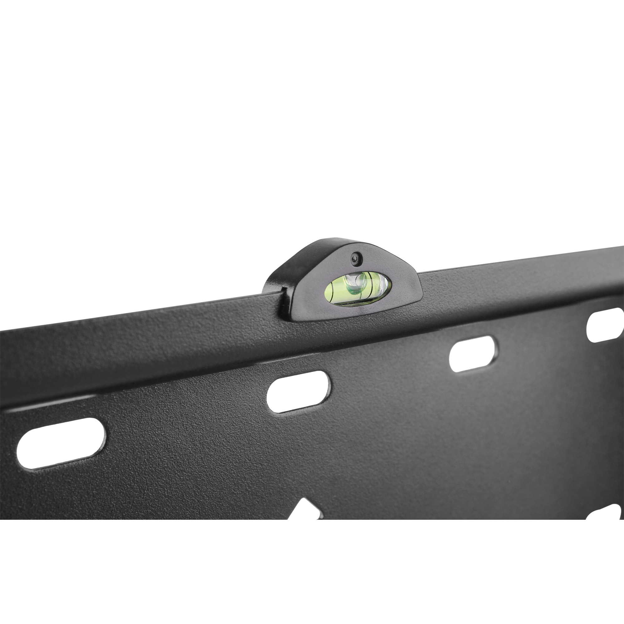 Black metal bracket with a level. The level has a green liquid bubble inside. White background.