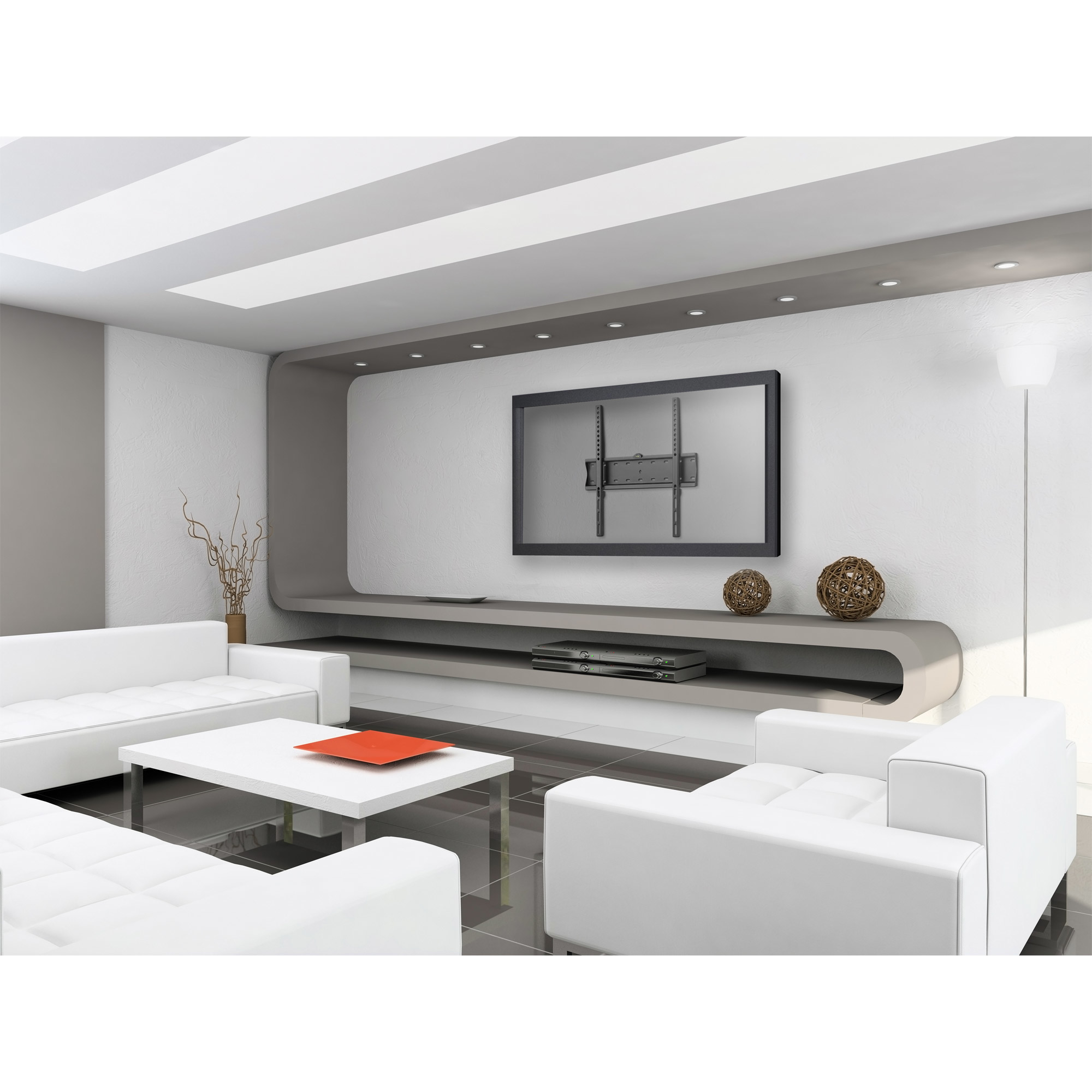 Modern living room with white furniture, TV mount, and decorative elements. A red square sits on a white table.