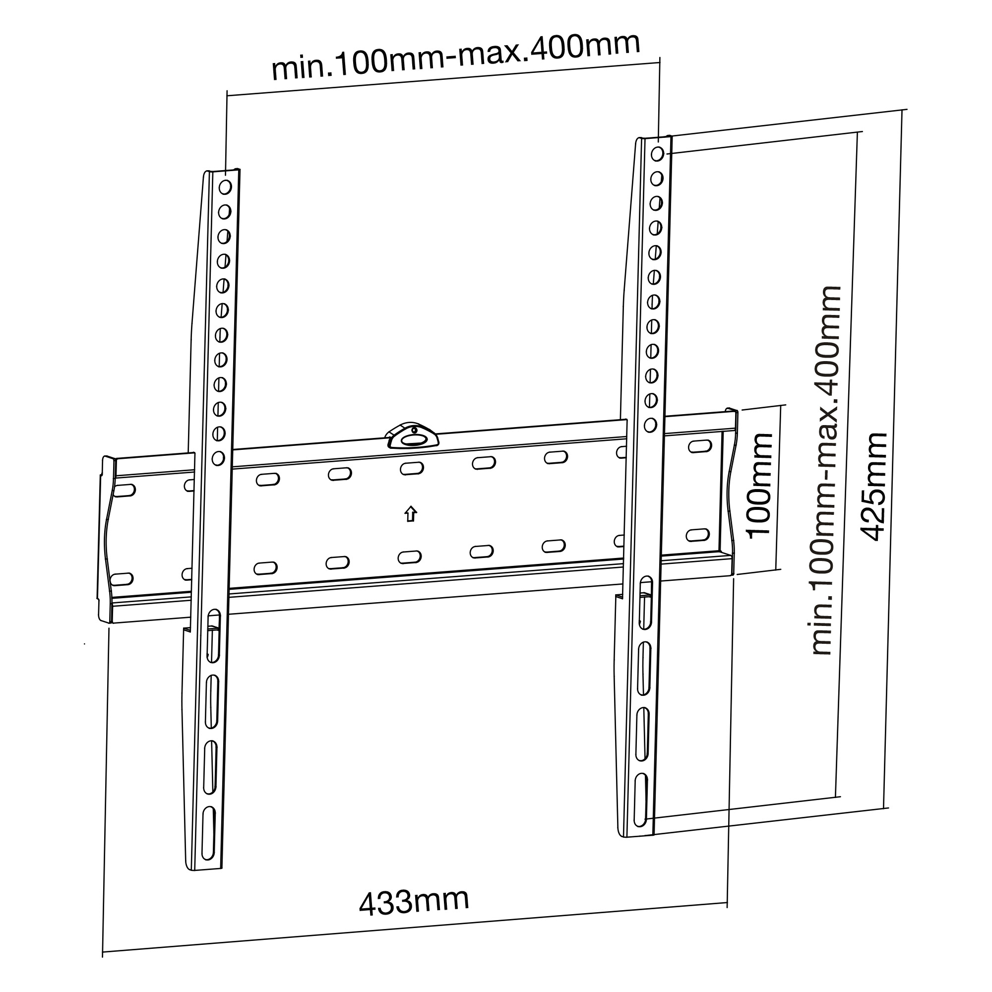 A diagram of a TV wall mount. It has dimensions and labels in millimeters, showing the adjustable range.