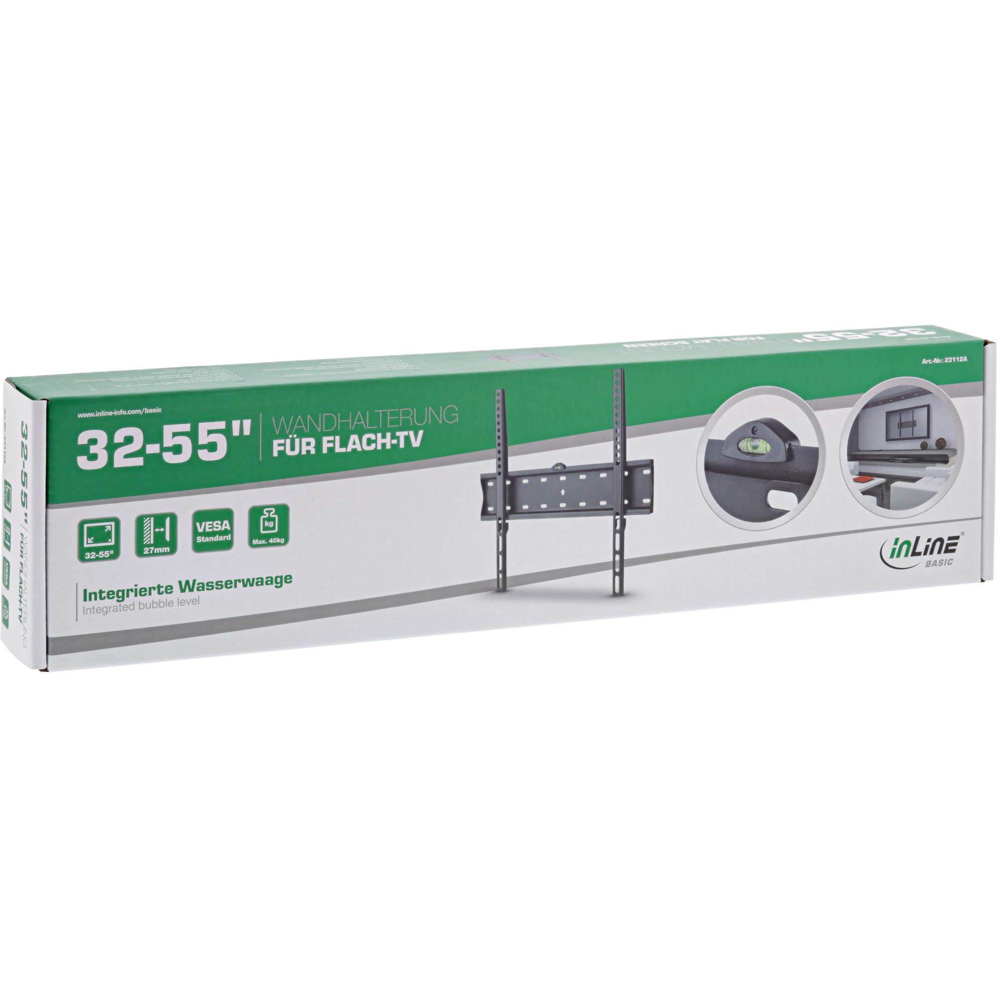 Box with TV wall mount. Green and white box shows the product. Includes bubble level. Supports 32-55 inch TVs.
