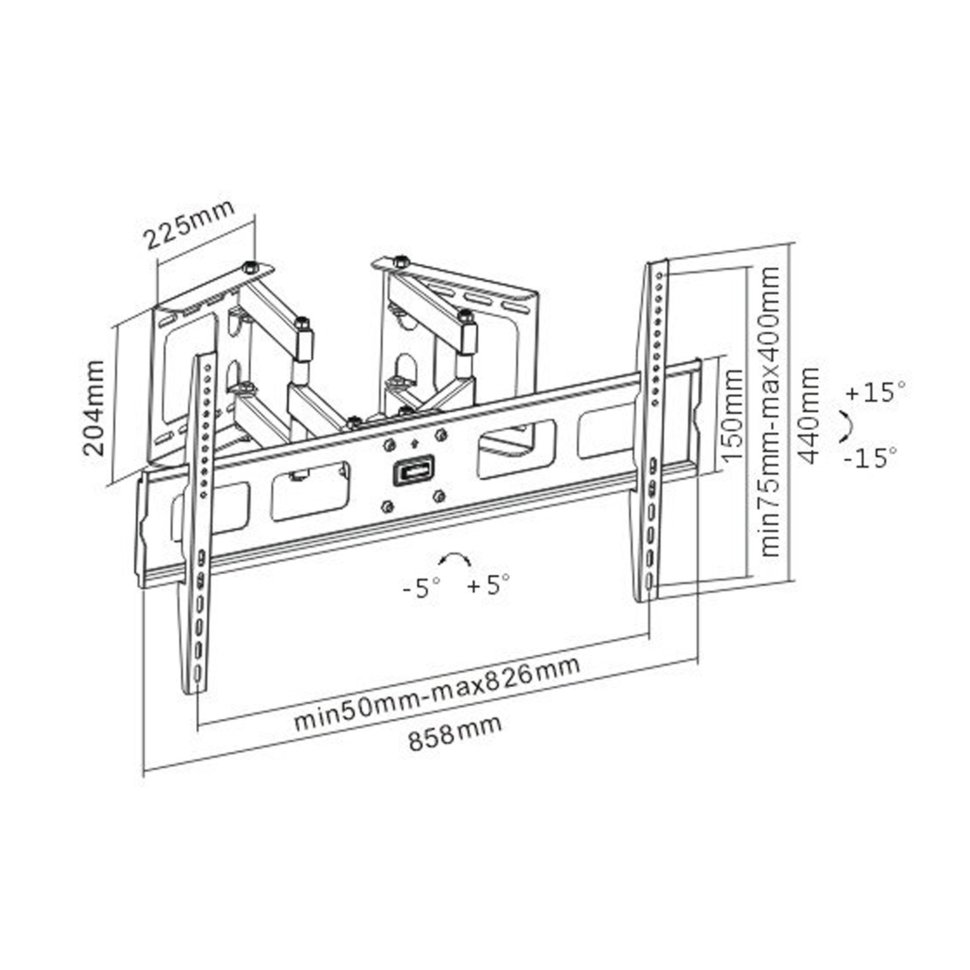 Diagramme d'un support TV, montrant dimensions et angles. Comprend des mesures comme 225mm, 204mm et ajustements angulaires.