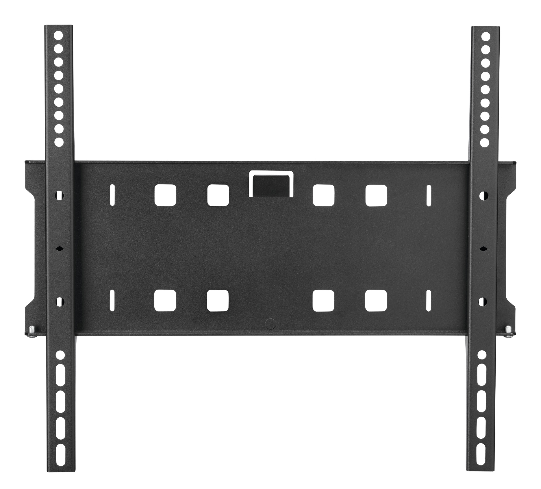 Support TV noir sur fond blanc. Il possède des barres verticales avec des trous et une plaque centrale rectangulaire avec des trous carrés.