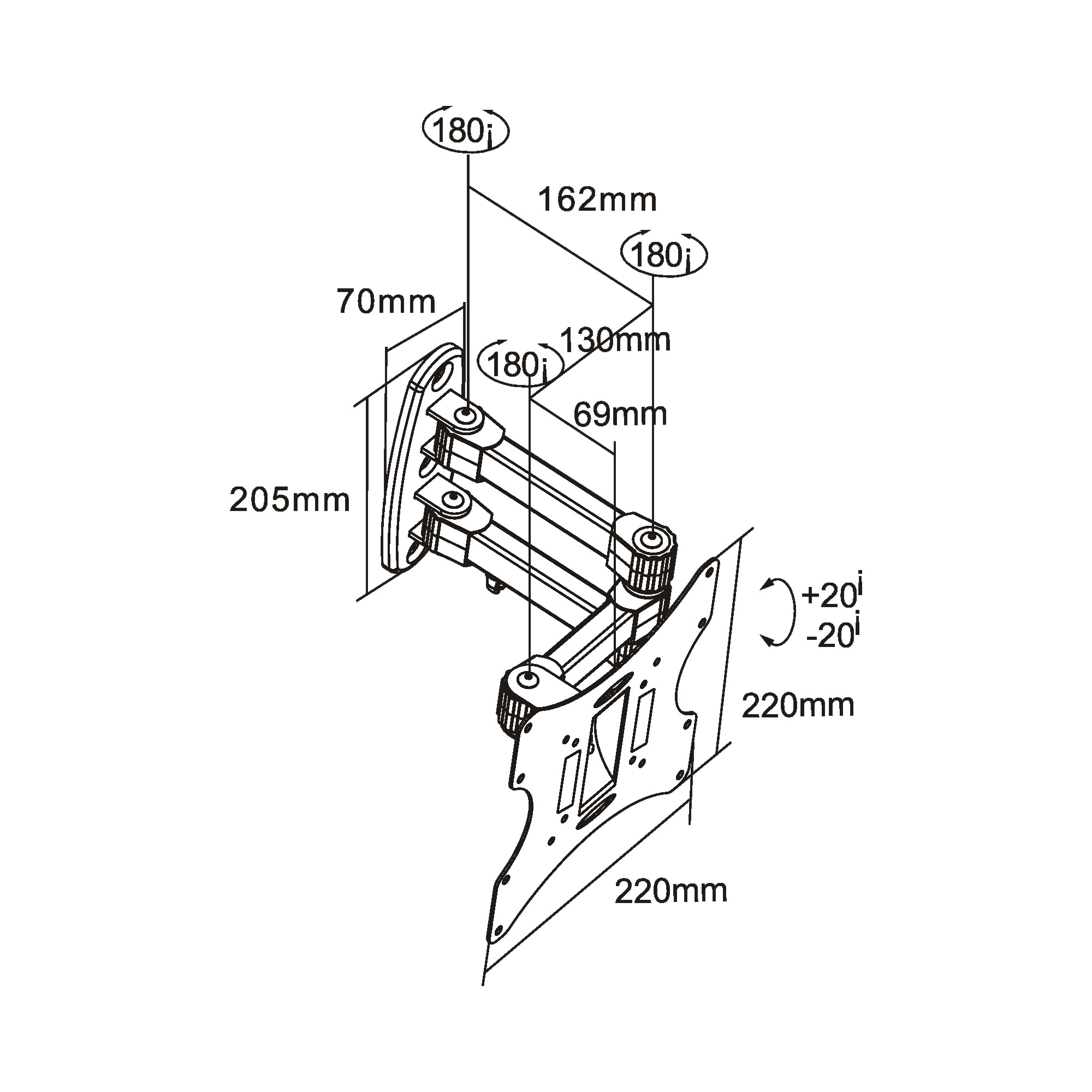 Schéma d'un support TV avec mesures. Il comprend une plaque murale, des bras articulés et un support pour le téléviseur. Les dimensions sont fournies.