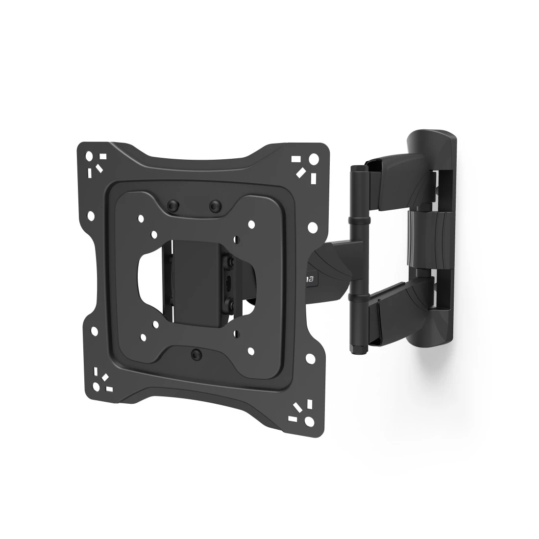 Eine schwarze TV-Wandhalterung. Sie hat eine quadratische Montageplatte und einen Gelenkarm, der an einer Wandplatte befestigt ist. Alles auf weißem Hintergrund.
