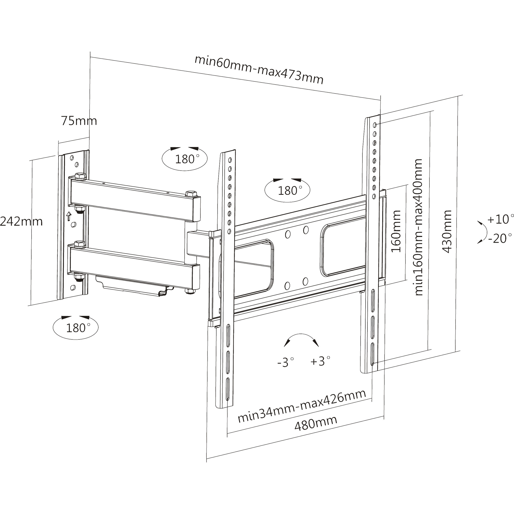Disegno tecnico di un supporto a parete per TV, con dimensioni e angoli regolabili, in bianco e nero.