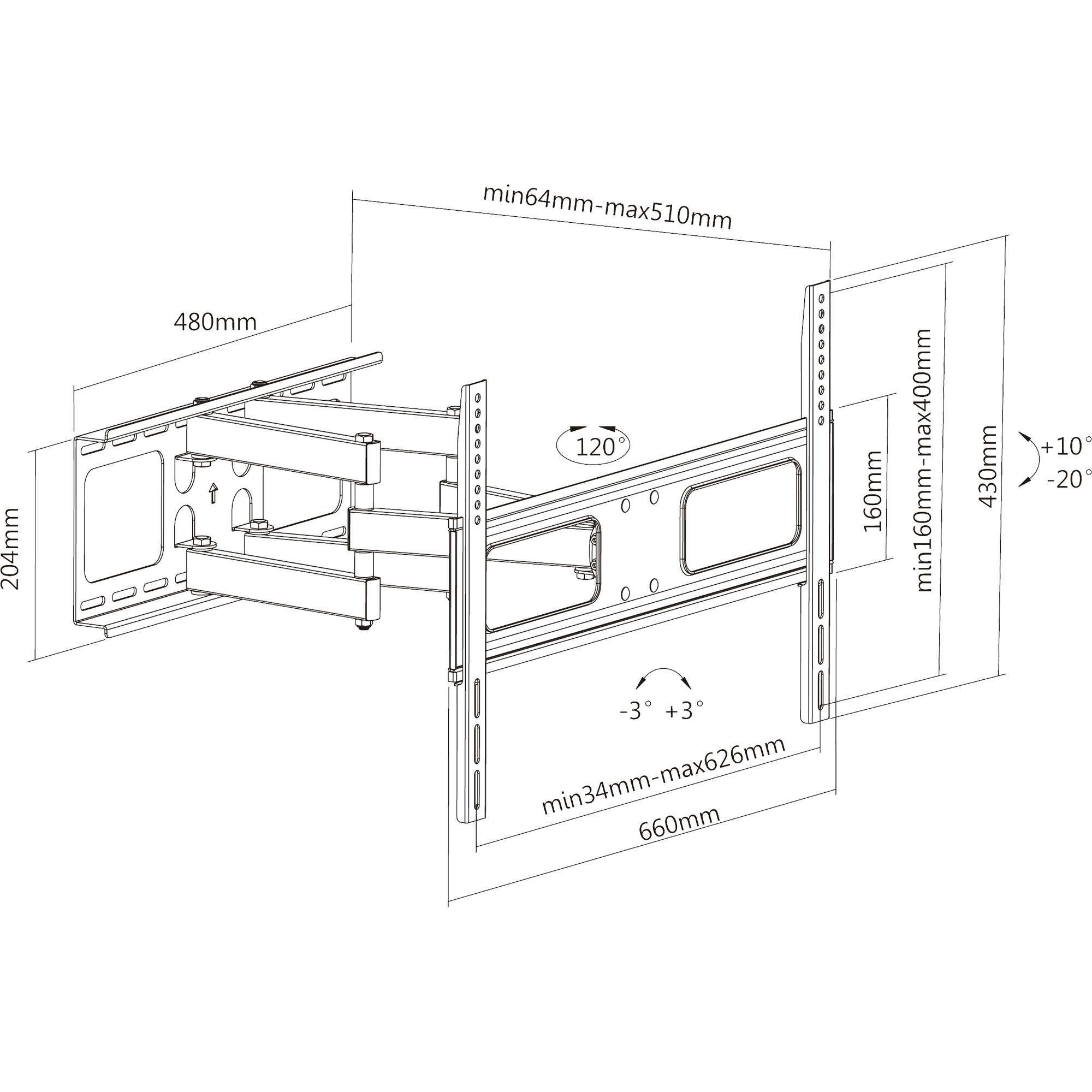 Diagramme d'un support mural TV avec dimensions et angles étiquetés en millimètres et degrés.