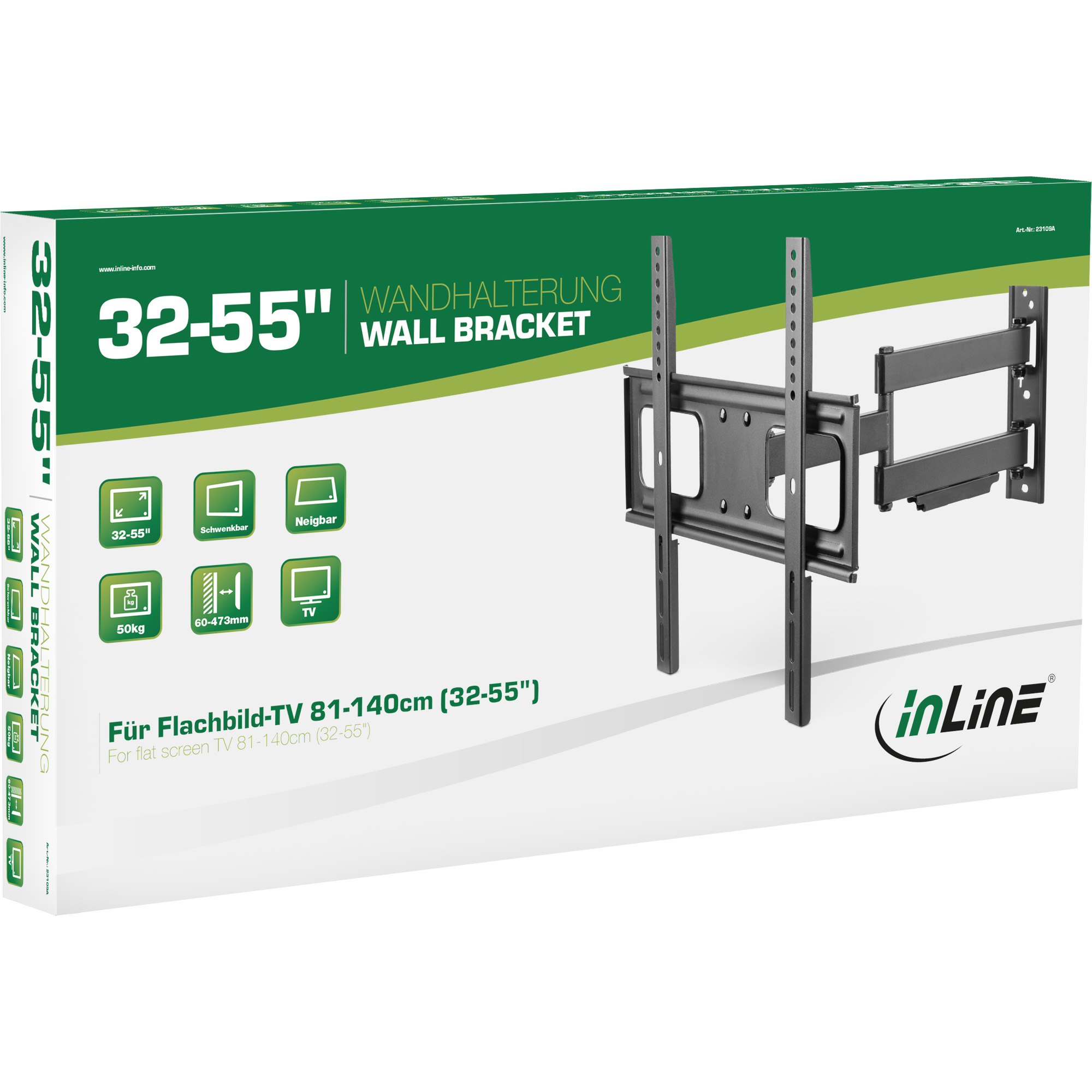 Una scatola con una staffa a muro per TV. La scatola è bianca e verde. Il testo include: 32-55 pollici, staffa a muro e logo inLine.