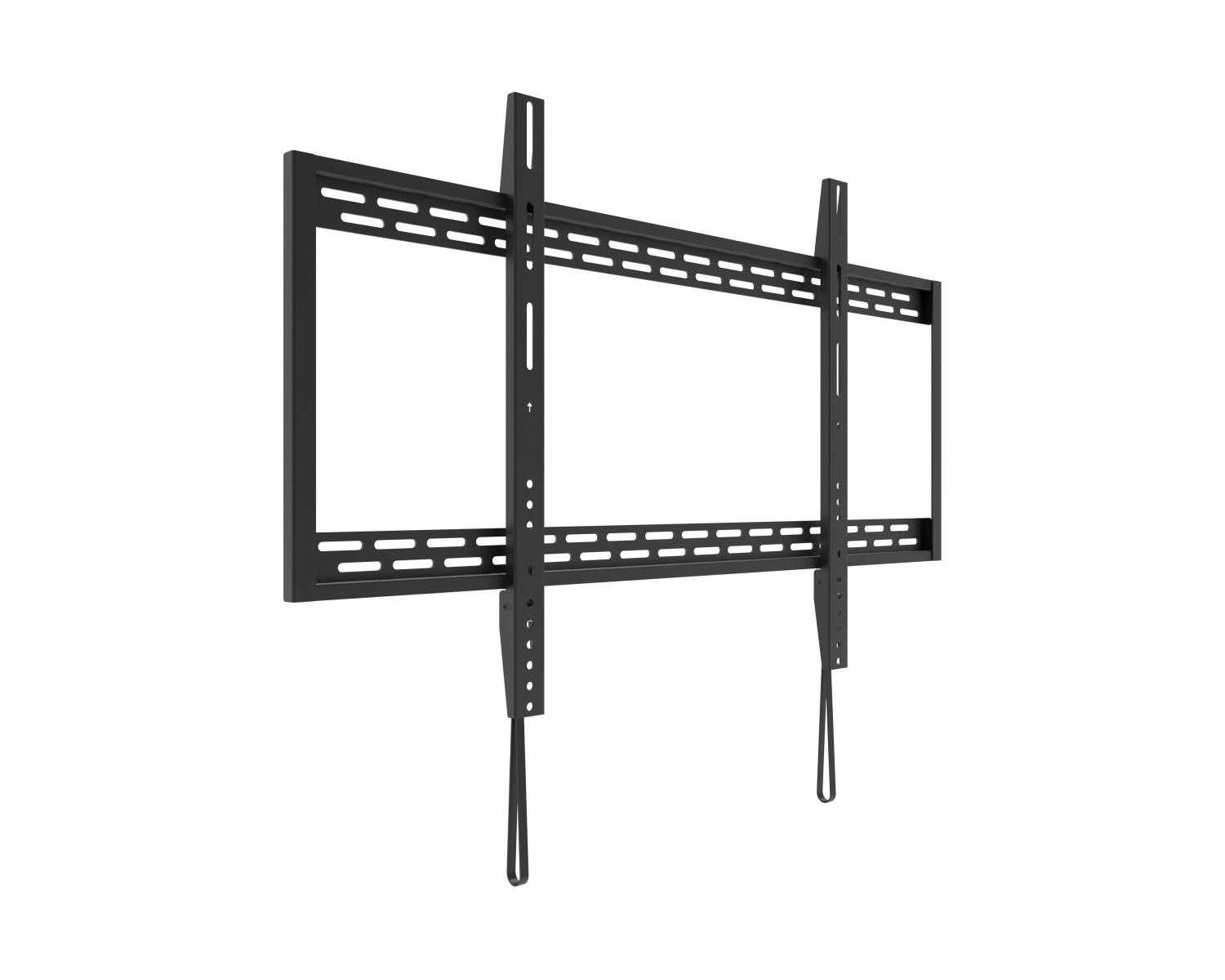 Una staffa TV nera da parete. Ha un telaio rettangolare con fessure orizzontali e supporti verticali. Su sfondo bianco.