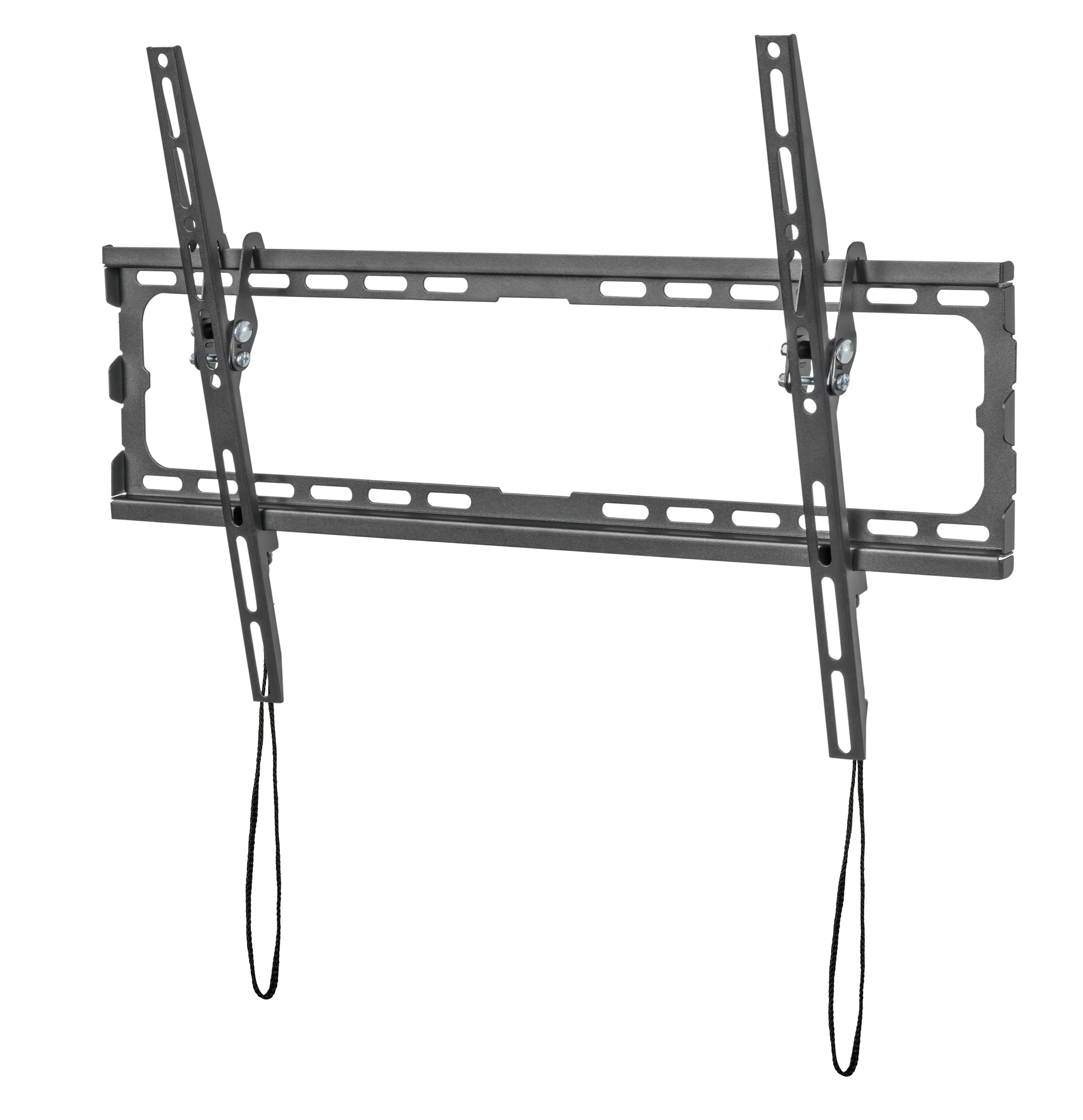 Un supporto a parete per TV in metallo grigio scuro. Ha fori e fessure. Due cavi neri pendono.