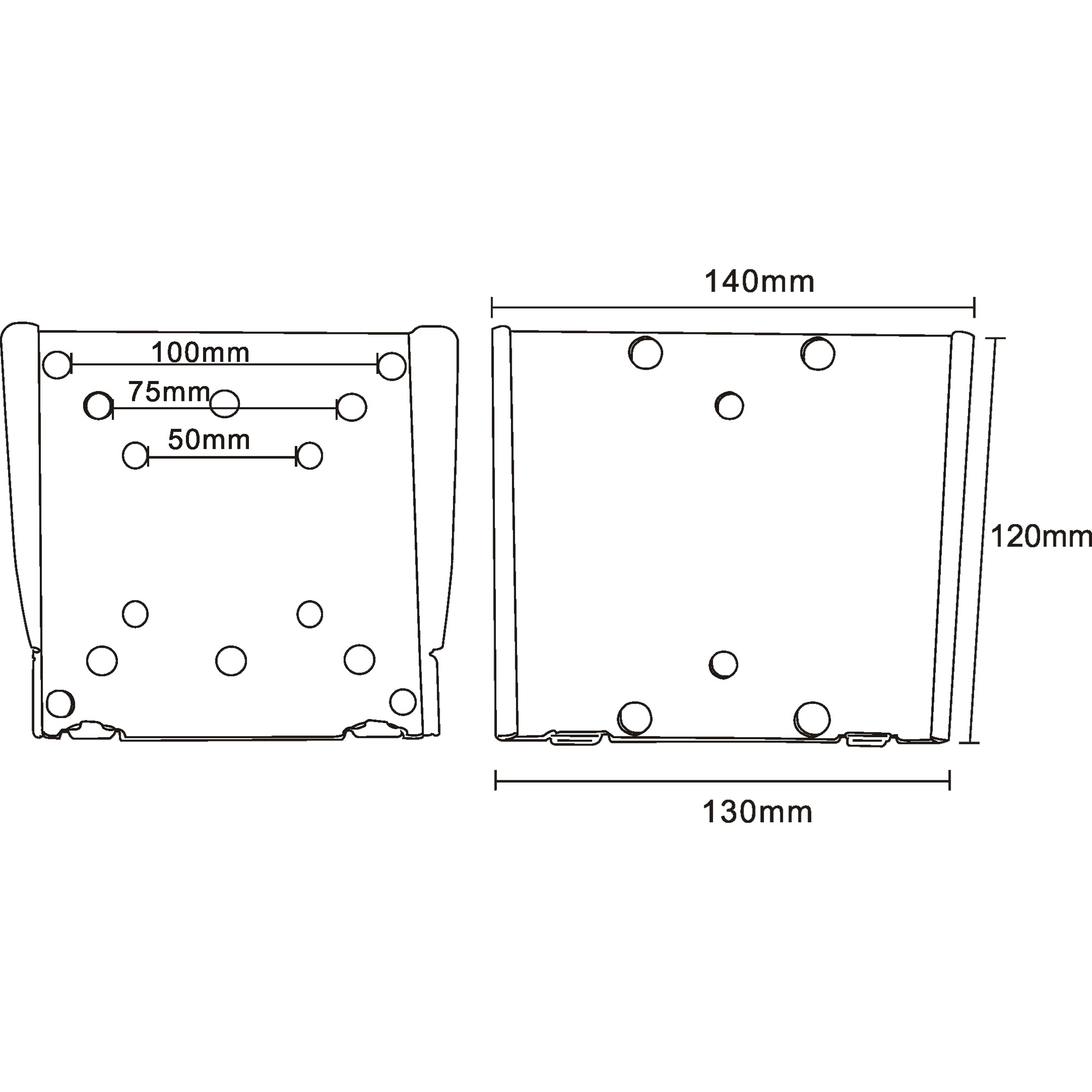 Disegno tecnico di una staffa metallica con dimensioni: 140 mm x 120 mm. Include fori e misure.