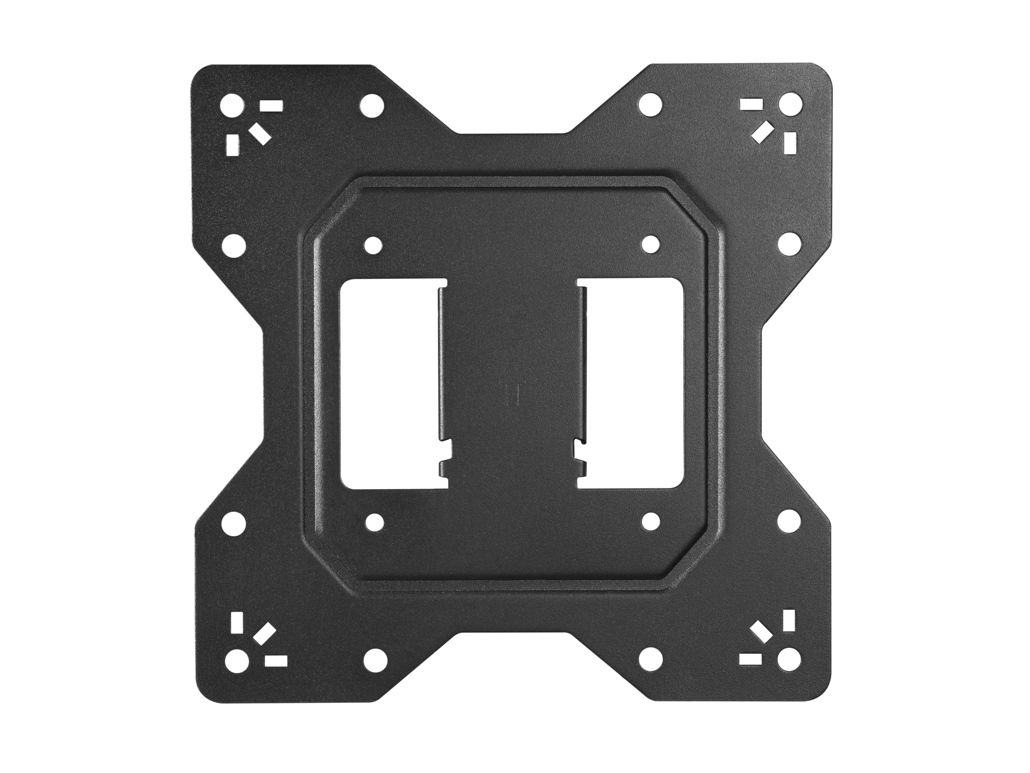 Un supporto TV in metallo nero, con fori e due grandi aperture rettangolari. Sfondo bianco.
