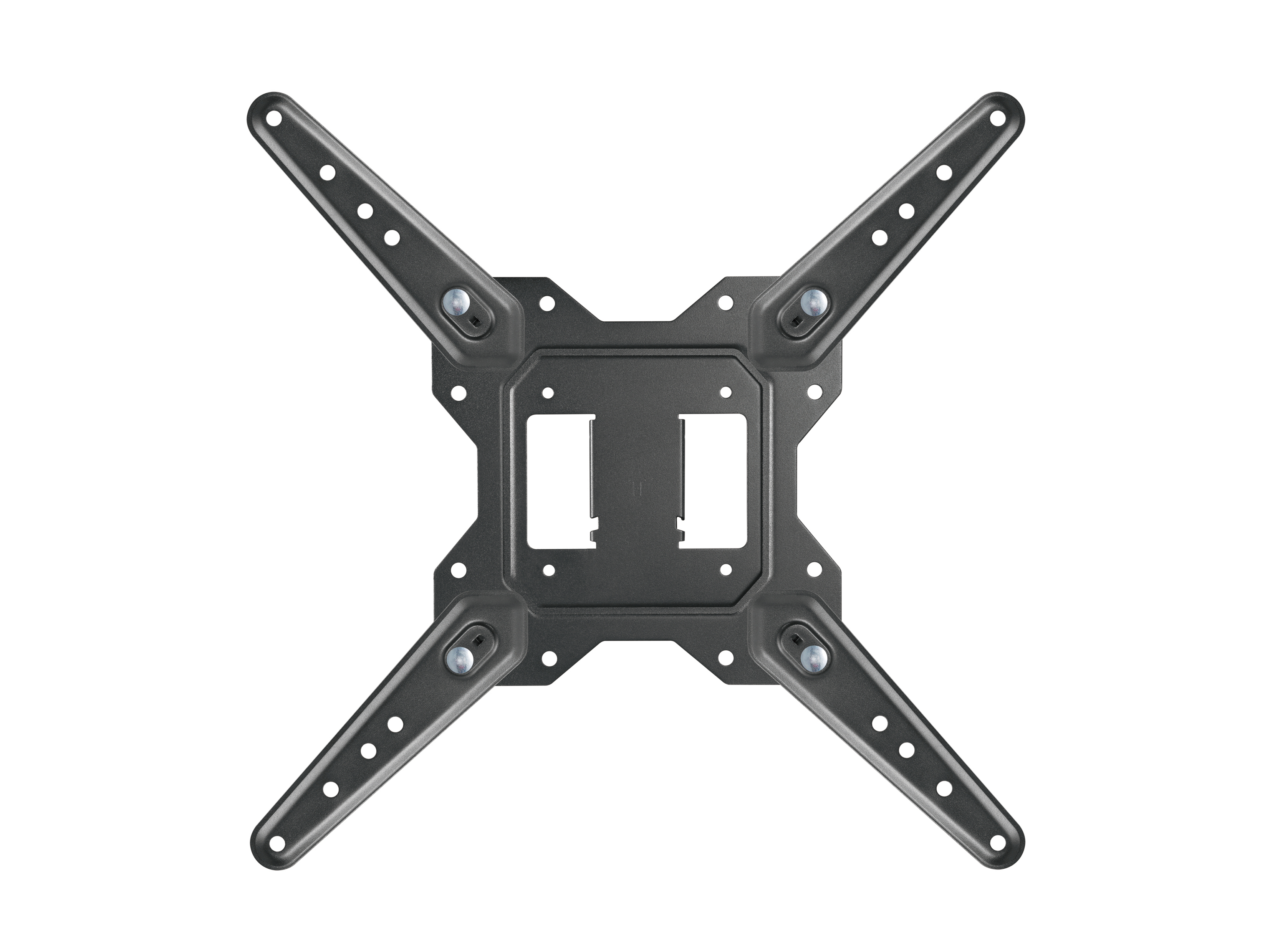 Un supporto TV in metallo grigio scuro, con quattro bracci che si estendono da un quadrato centrale, su sfondo bianco.