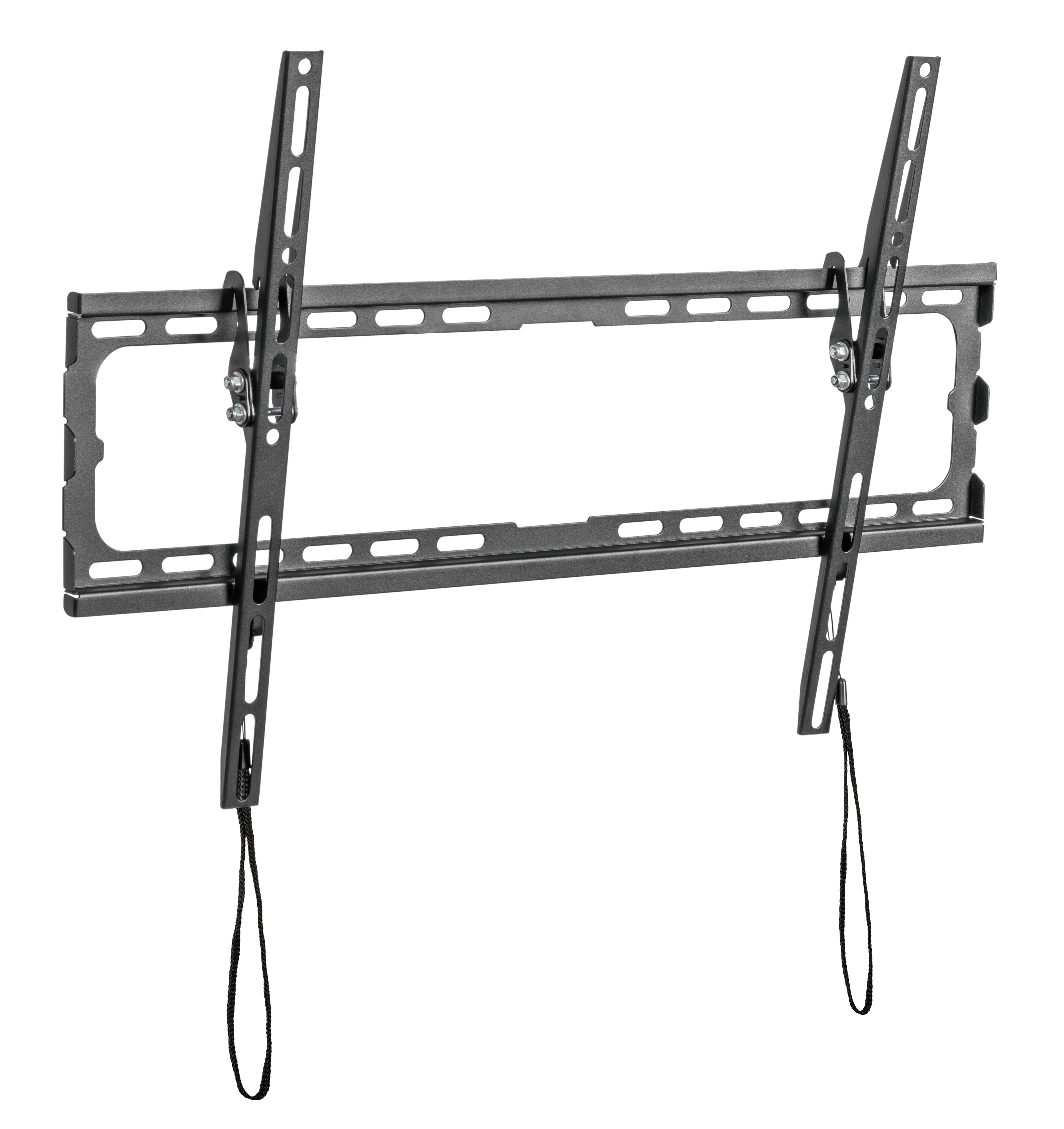 Un supporto a parete per TV grigio scuro. Ha un telaio rettangolare e due bracci angolati con cavi neri.