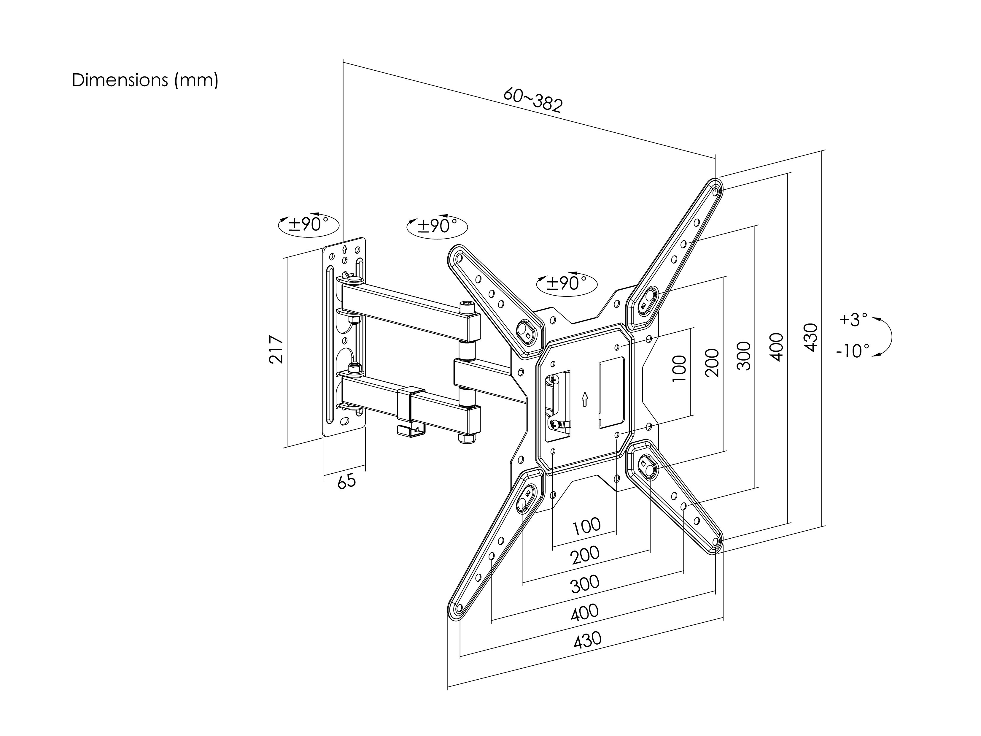 Diagramma di un supporto a parete per TV con dimensioni in mm. Include angoli e misure.