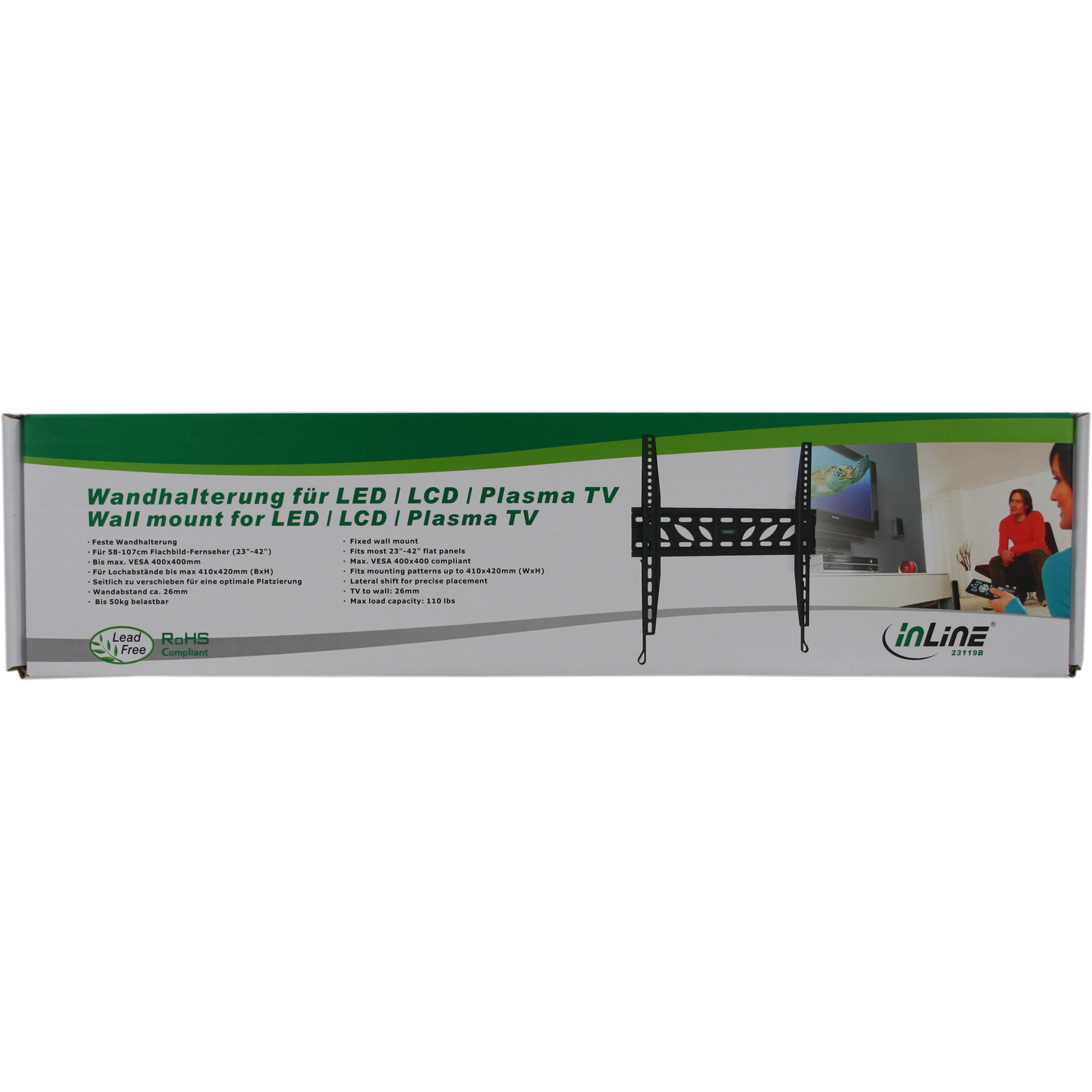 Scatola con supporto a parete per TV, design verde e bianco. Testo in tedesco e inglese. Mostra una TV e persone in soggiorno.