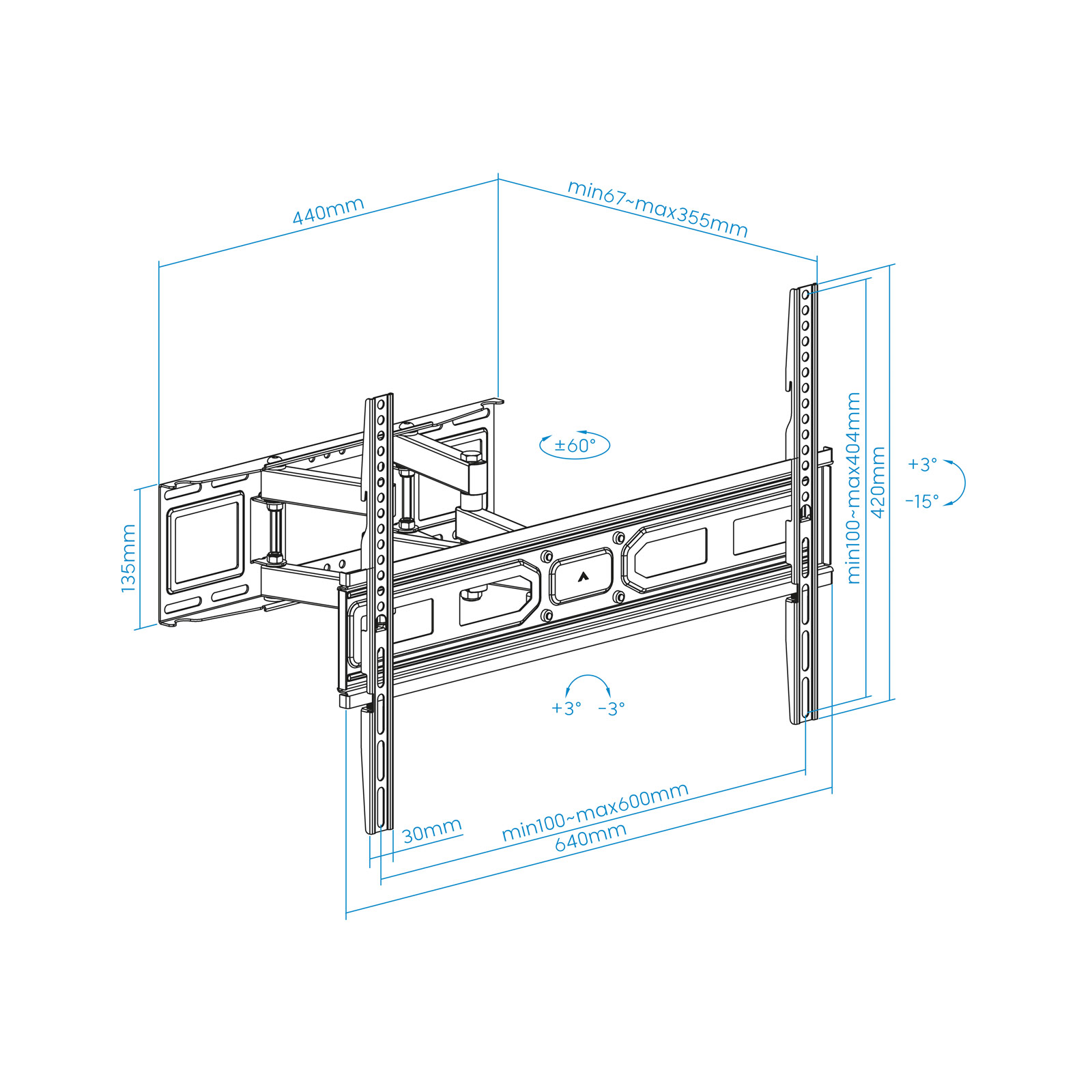 Dibujo técnico de un soporte de TV, mostrando dimensiones y ángulos. Incluye medidas en mm y rangos de ajuste.