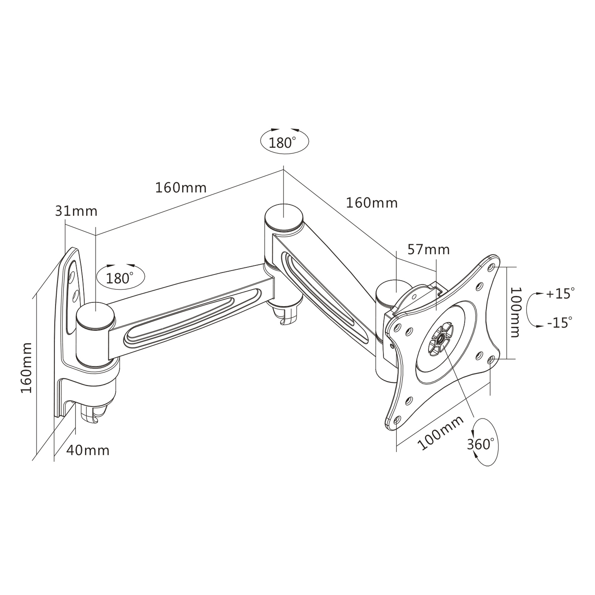 Diagramma di un braccio per monitor con dimensioni e angoli etichettati. Il braccio è in bianco e nero.
