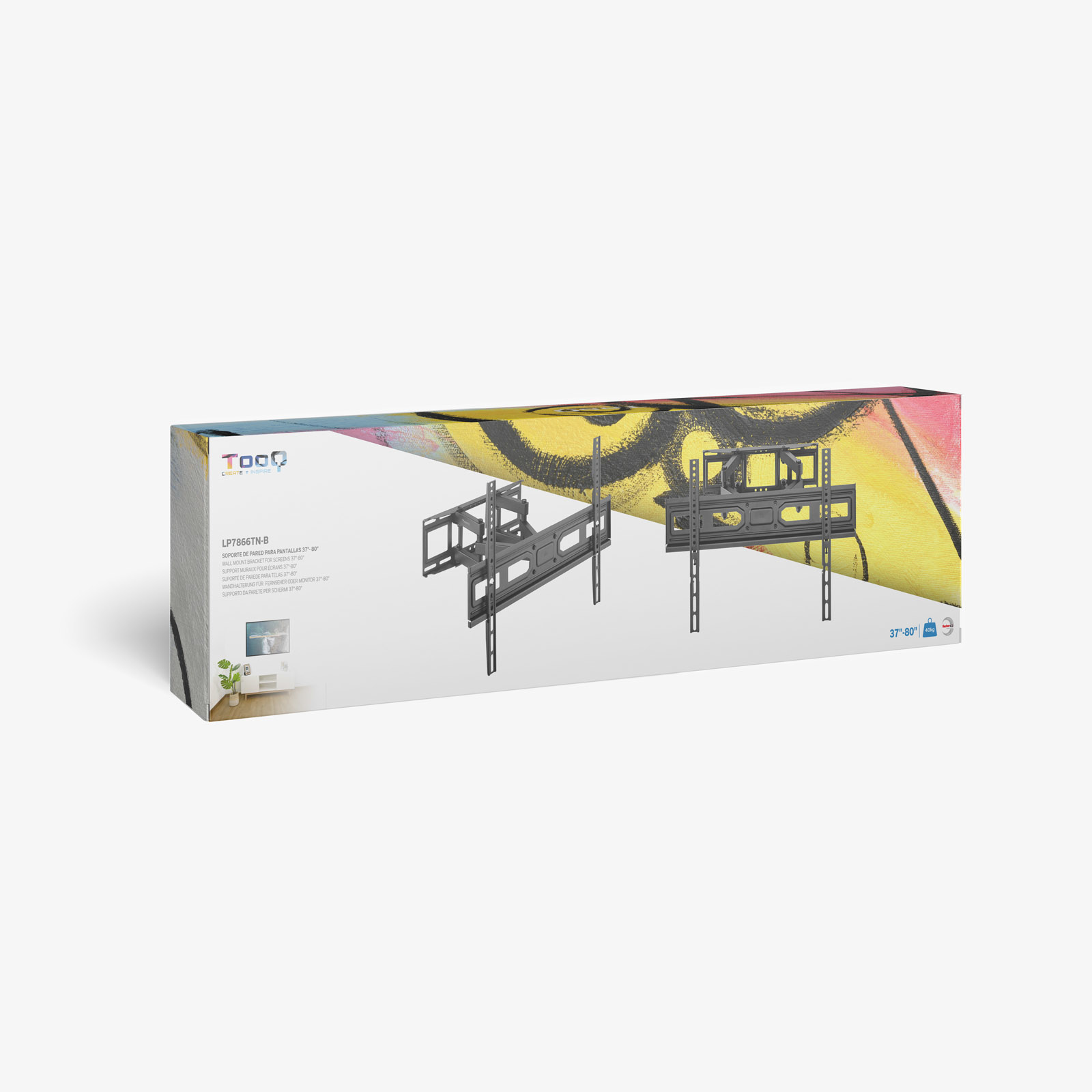 Caja con soportes de pared para TV. Soportes metálicos grises en la caja. La caja tiene arte de graffiti en el fondo.