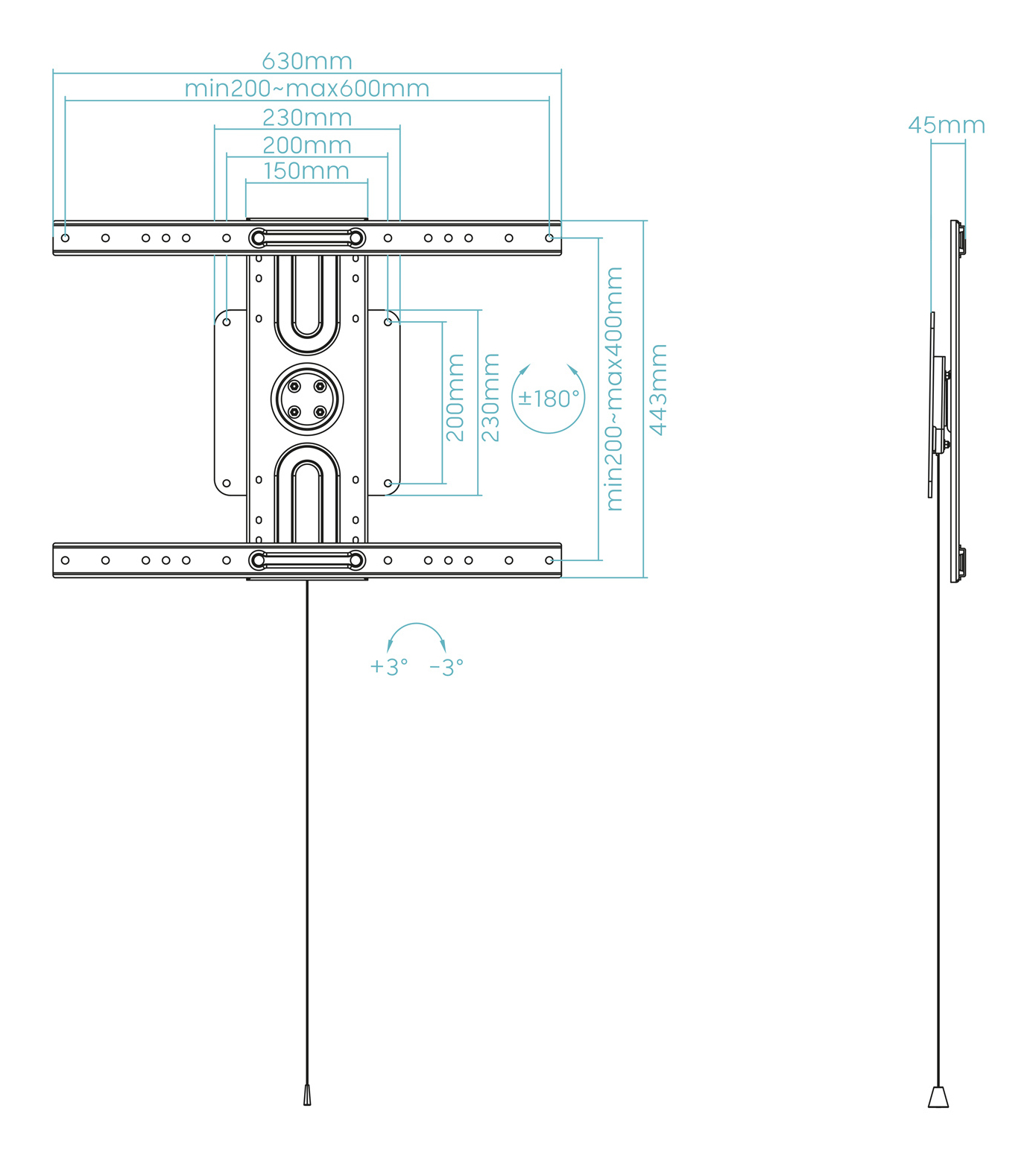 Diagramma di un supporto TV con misure in millimetri. Include dimensioni per larghezza, altezza e angoli di rotazione.
