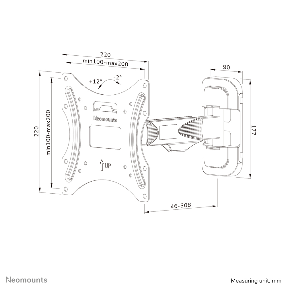Diagram van een tv-muurbeugel, met afmetingen en hoeken. De beugel is zilver, met de merknaam 'Neomounts'.