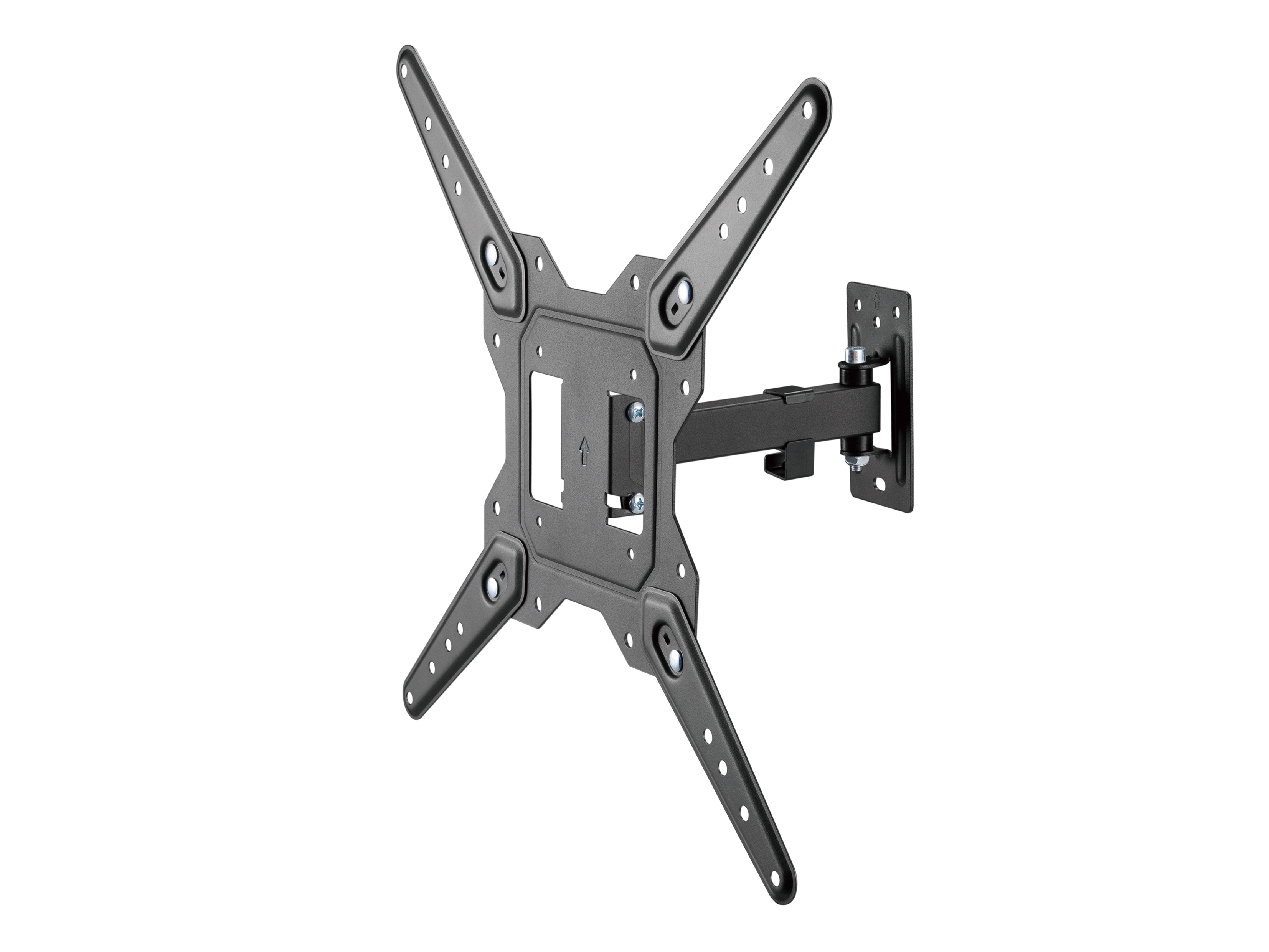 Eine schwarze TV-Wandhalterung. Sie hat eine X-förmige Halterung mit mehreren Löchern und einen Arm.