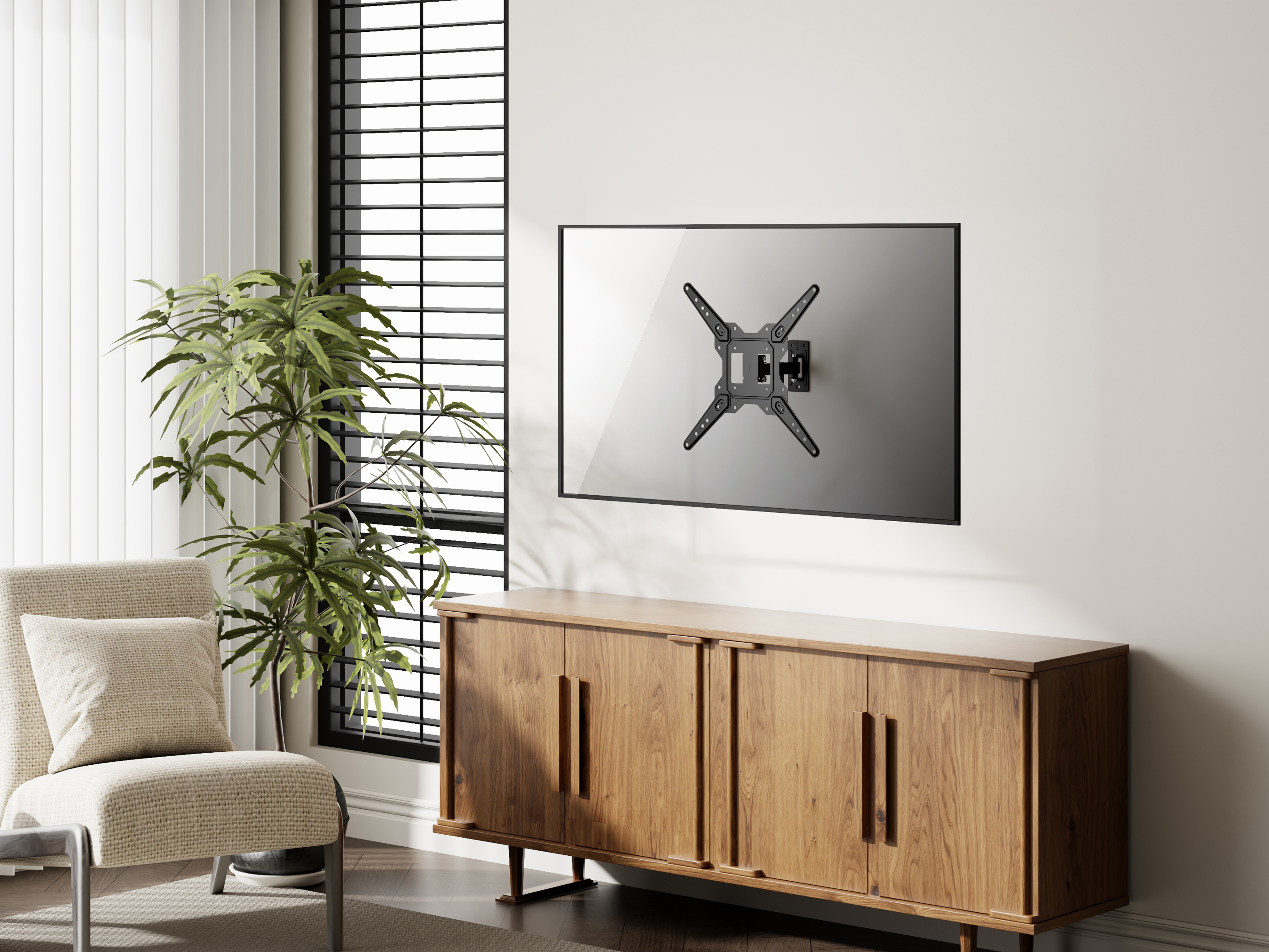 Innenraum mit TV-Halterung an der Wand, Holzschrank, Stuhl und einer großen Pflanze neben einem Fenster.