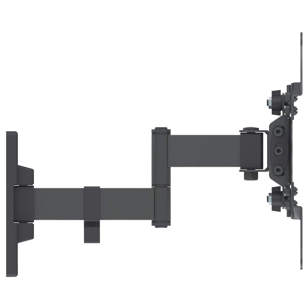 Un support TV articulé gris foncé. Il comporte plusieurs articulations, boulons et plaques, conçus pour maintenir et ajuster un téléviseur à écran plat.