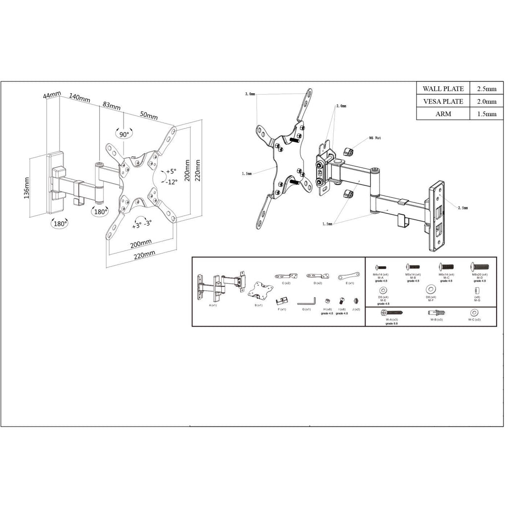 Diagramme d'un support mural pour TV avec dimensions, pièces et matériel étiquetés pour l'installation. Comprend une liste de pièces.
