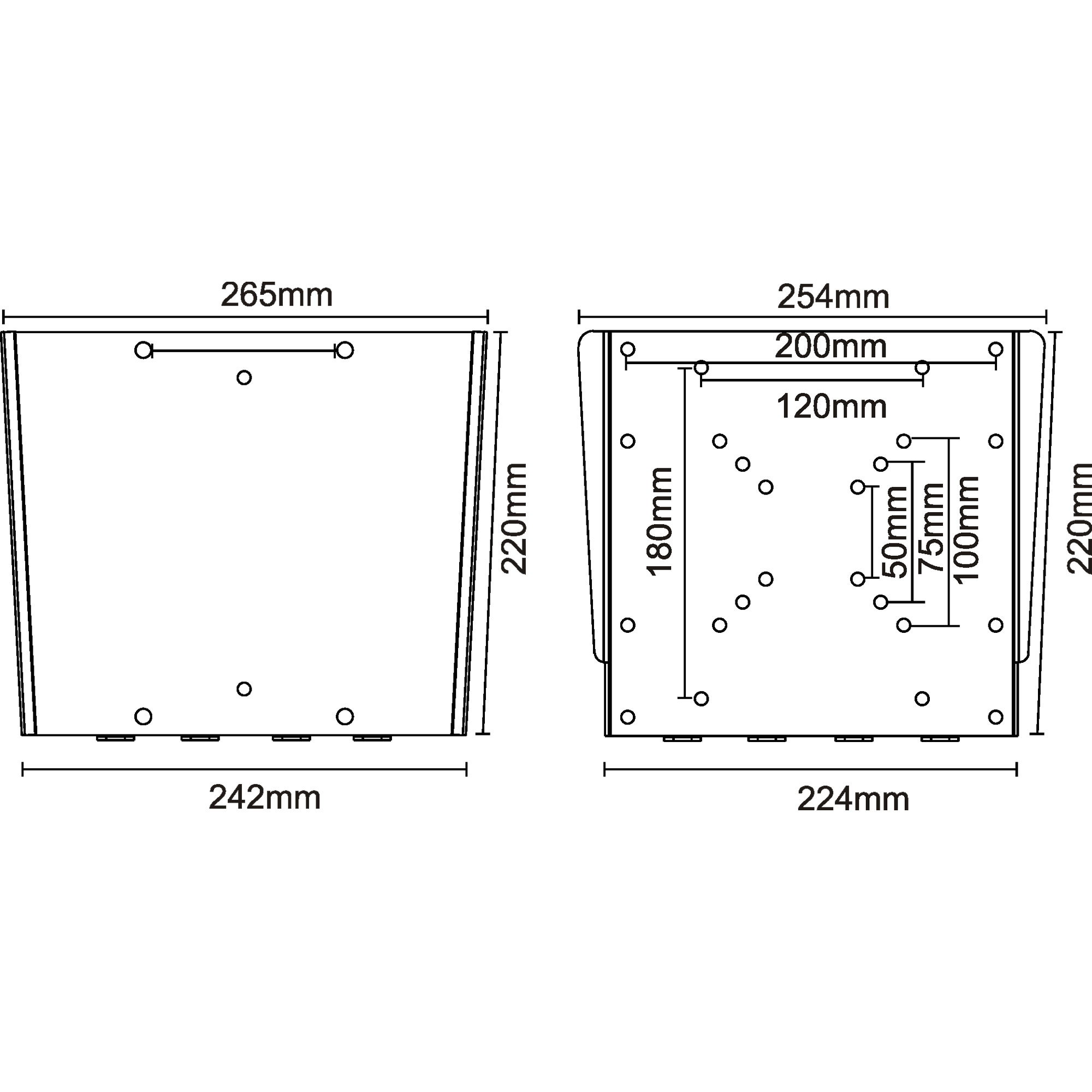 Diagramma di una scatola con dimensioni. Sono mostrate due viste, con misure in millimetri e posizionamento dei fori.