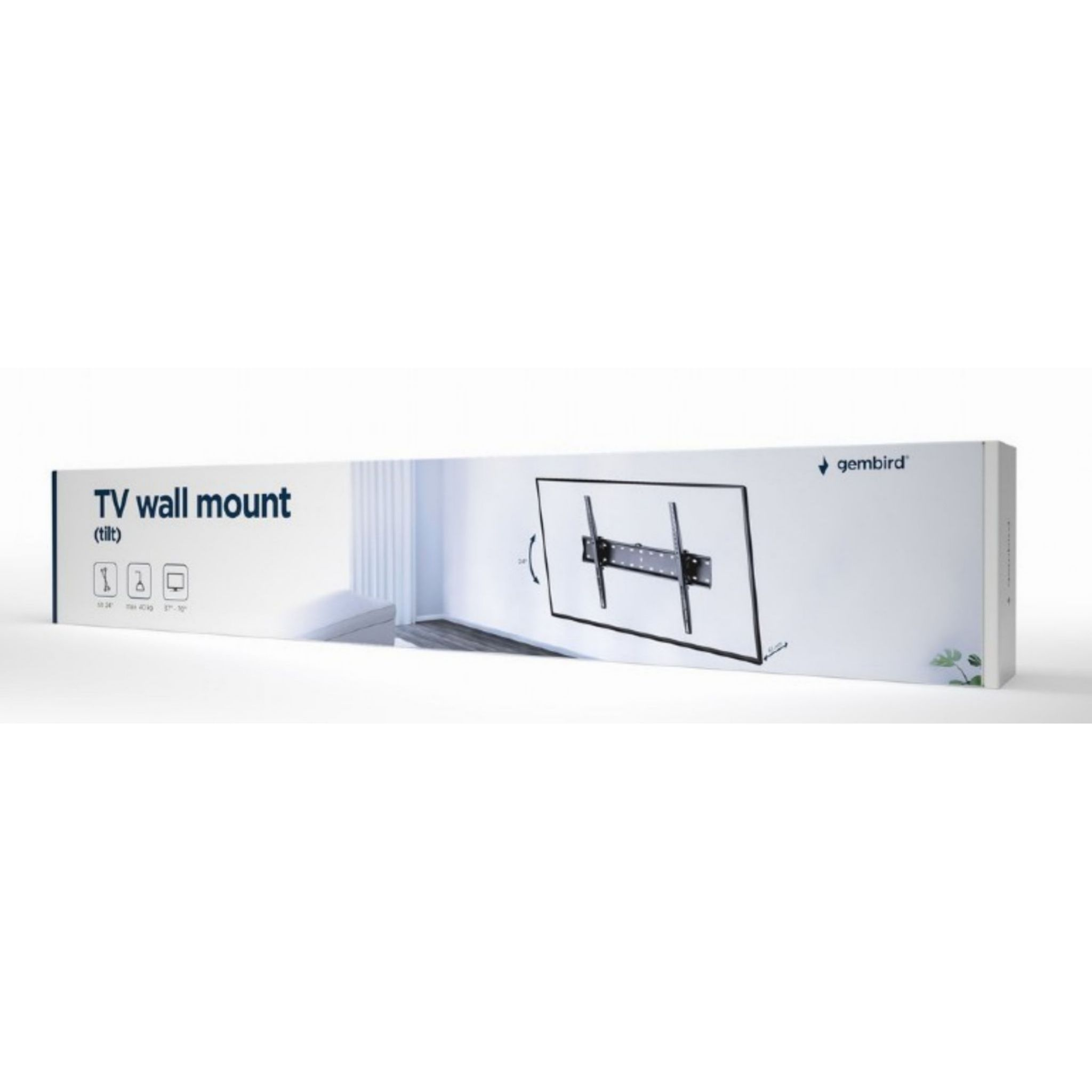 Una caja para un soporte de pared para TV. Muestra un televisor montado en la pared. La marca es Gembird.