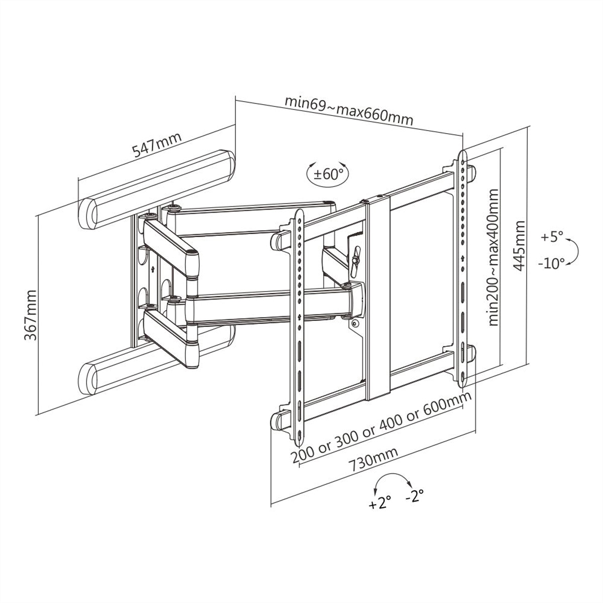 Diagramma di un supporto a parete per TV, che mostra dimensioni e angoli in millimetri, con bracci articolati e piastre di montaggio.