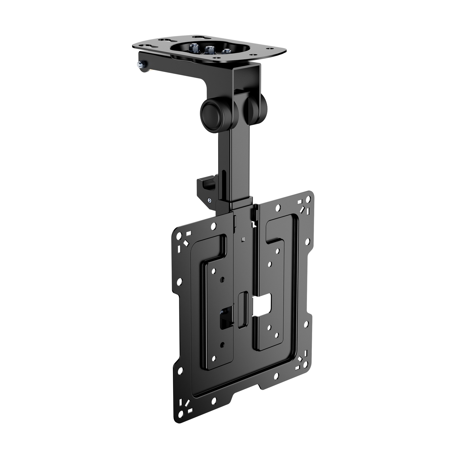 Un supporto a soffitto nero in metallo per TV. Ha più giunti e una piastra rettangolare per il fissaggio alla TV.