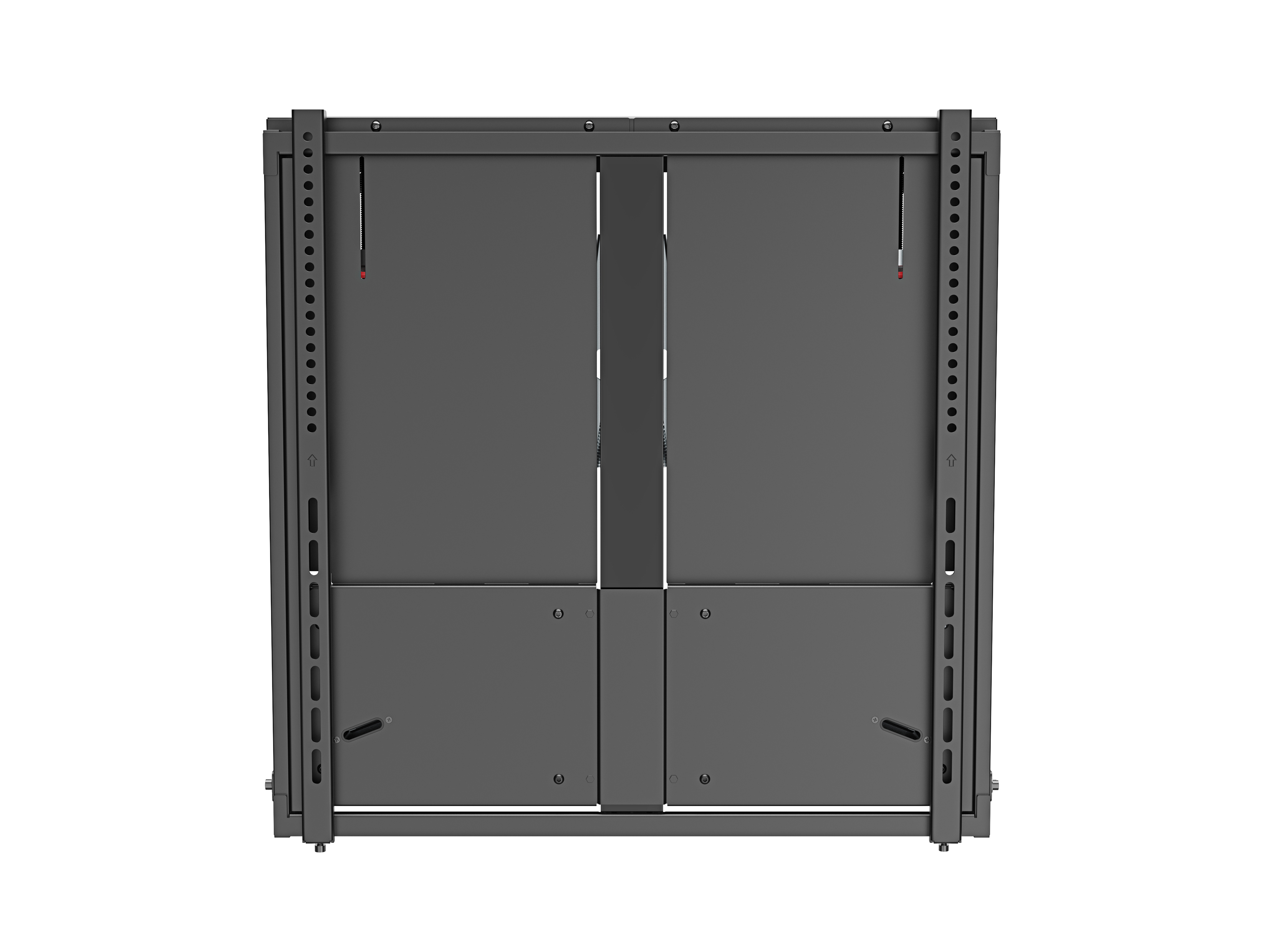 Un rack server grigio con due guide verticali, un pannello centrale e due pannelli inferiori, su sfondo bianco.