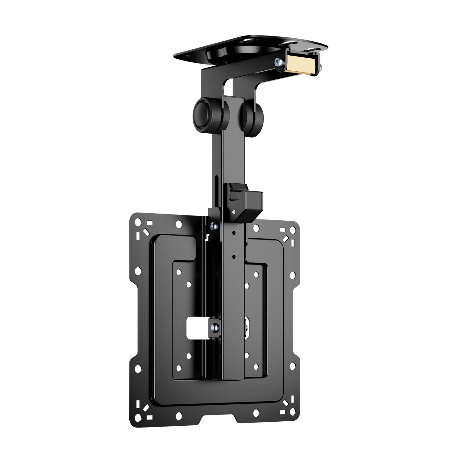 Un supporto a soffitto per TV nero. Ha una piastra di montaggio rettangolare, un supporto verticale e una staffa a soffitto.