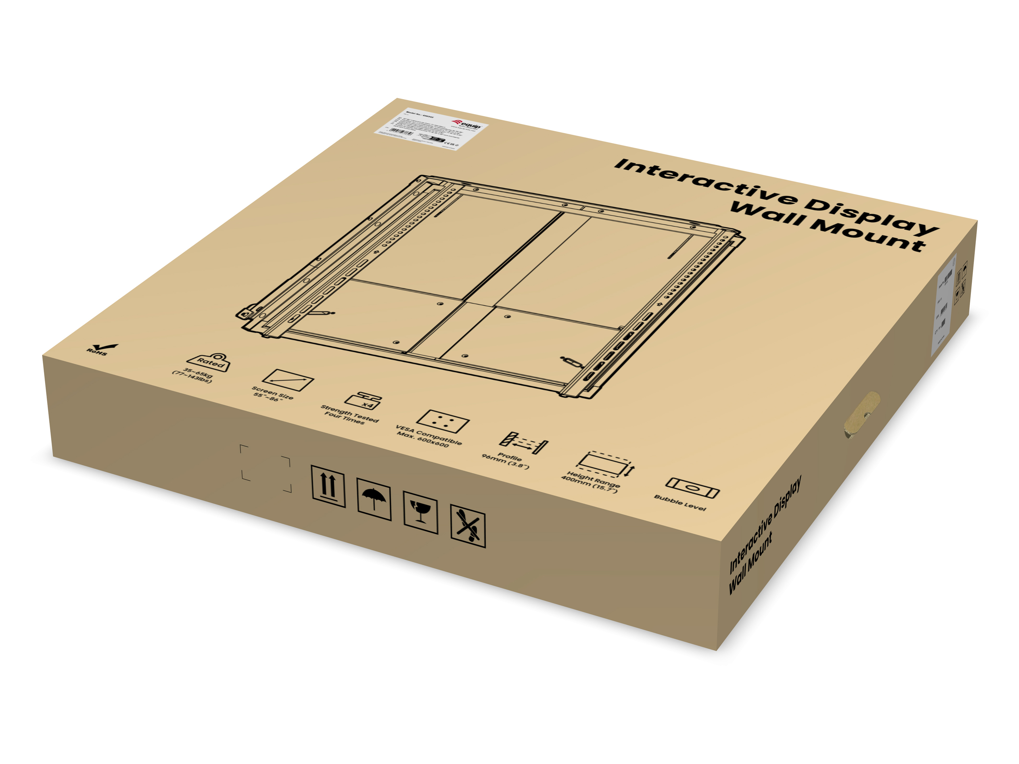 Scatola di cartone per supporto a parete per display interattivi, con dettagli del prodotto e icone.