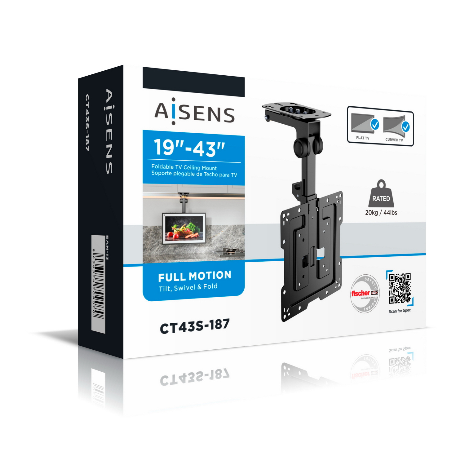 Viene visualizzata una scatola per il montaggio a soffitto TV. È in bianco e nero con testo e un diagramma di una TV montata. Il testo include 'AISENS' e '19"-43"'.