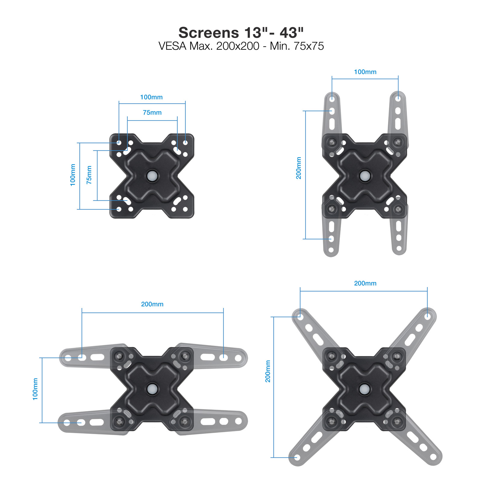 Diagramma di un supporto TV che mostra diverse configurazioni e dimensioni, con etichette in mm. Lo sfondo è bianco.
