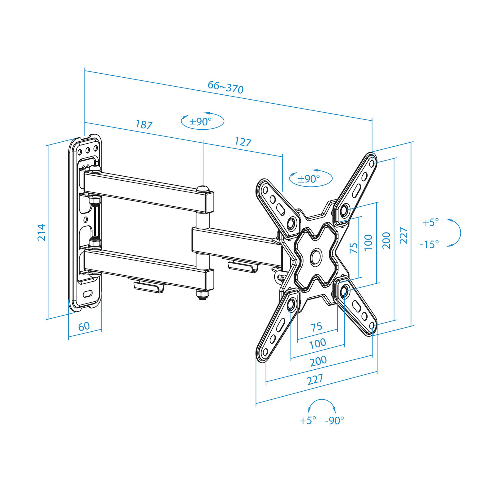 Diagramma di un supporto TV nero, con dimensioni e angoli visualizzati. Ha un supporto a parete, un braccio e una piastra VESA.