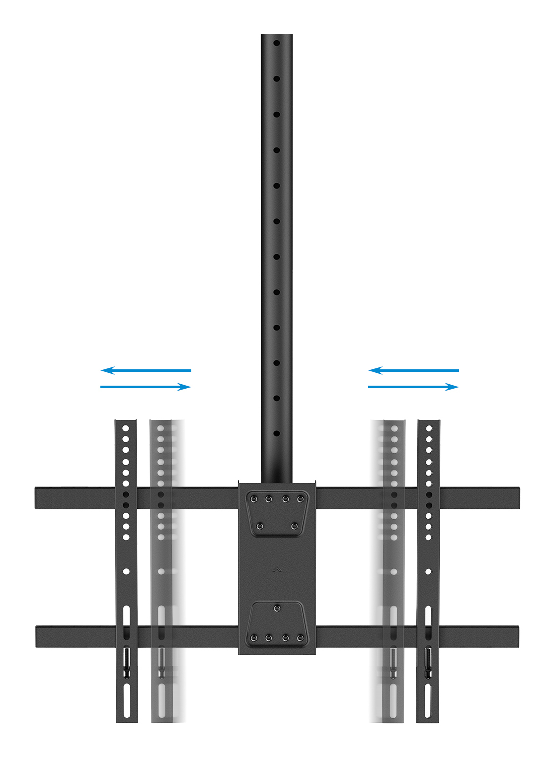 Un soporte de TV de techo negro con poste vertical y brazos horizontales. Flechas indican partes ajustables, con dos rieles verticales.