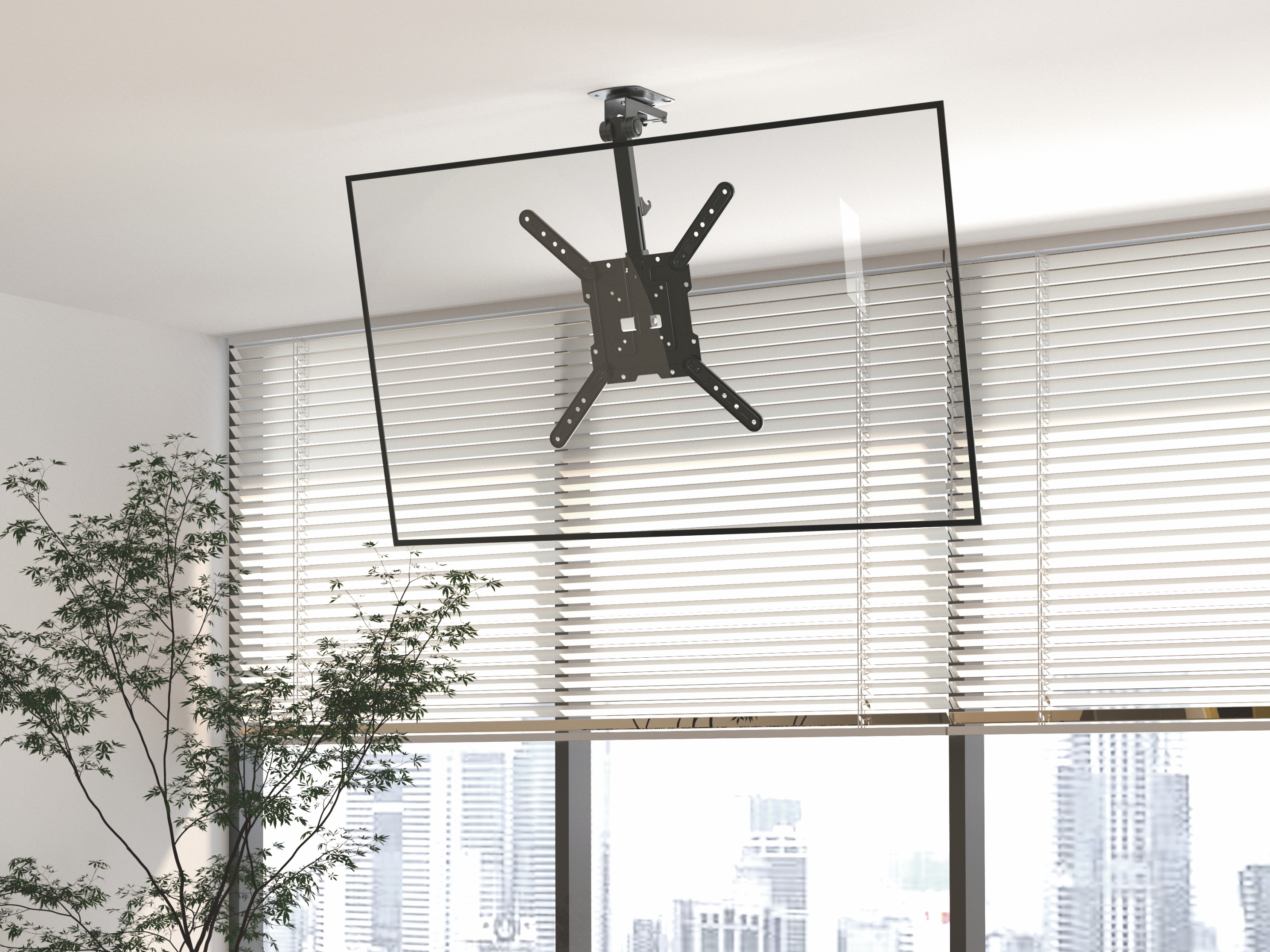 Ein Fernseher ist an der Decke montiert. Dahinter verdecken Jalousien ein Fenster und links ist eine Pflanze.
