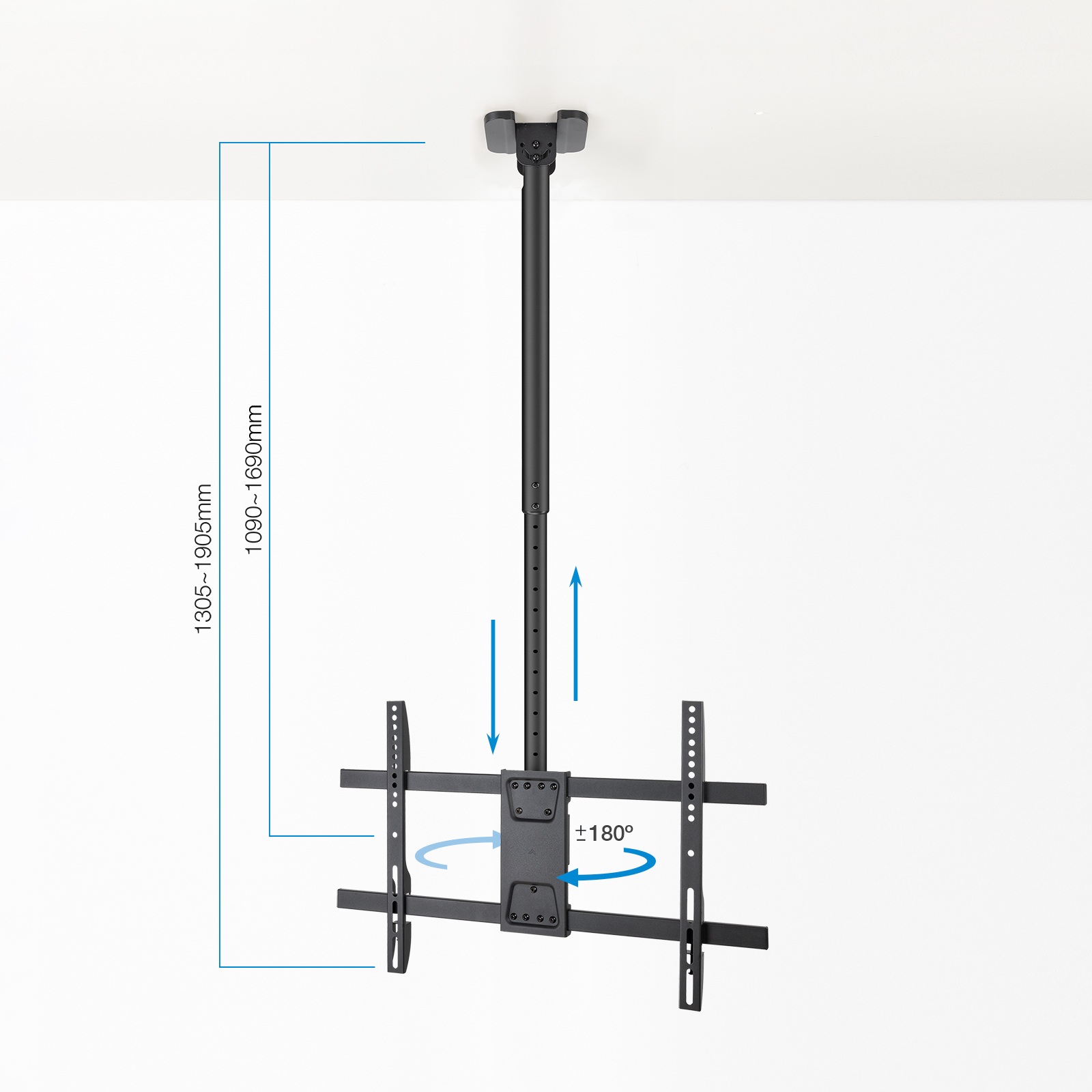 Un soporte de techo para TV negro, con altura y rotación ajustables, sobre un fondo blanco. Se indican las dimensiones.