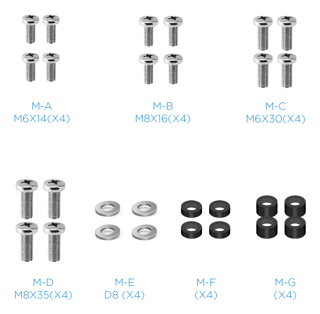 La imagen muestra varios tornillos, arandelas y espaciadores etiquetados de M-A a M-G, con especificaciones de tamaño.