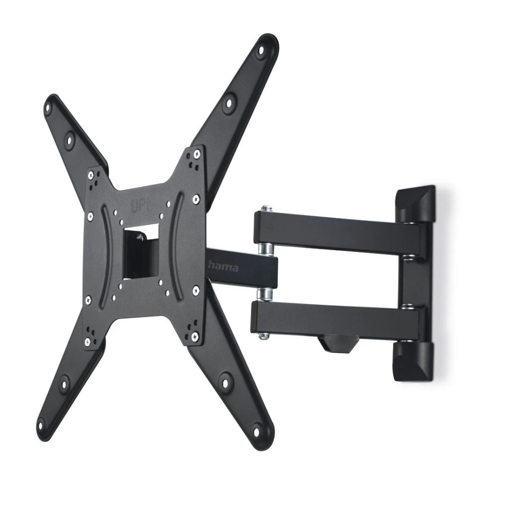 Un soporte de pared para TV negro sobre fondo blanco. Tiene una placa en forma de X y brazos articulados.