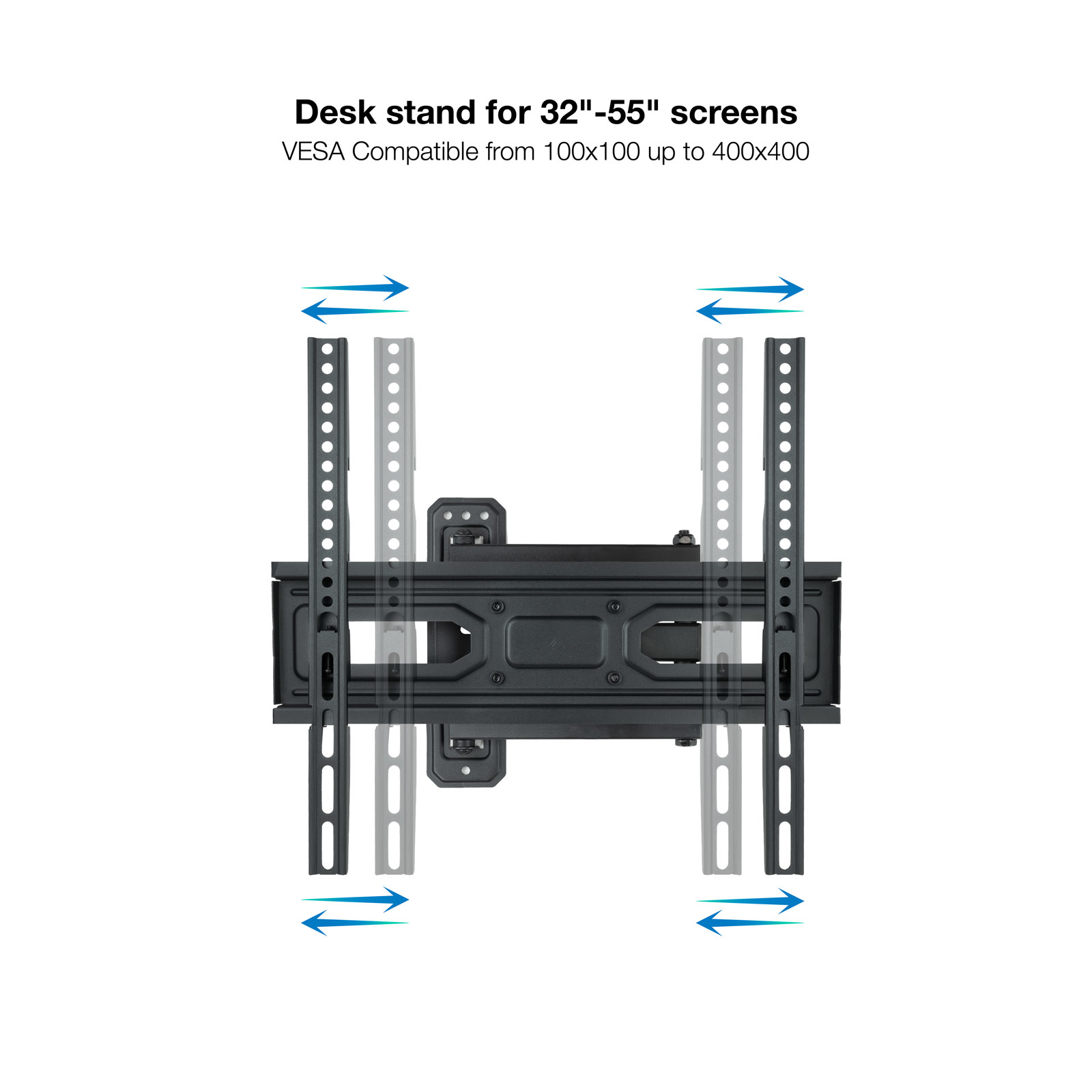 Soporte de escritorio para pantallas de 32-55 pulgadas. Soporte negro con brazos ajustables y flechas que indican ajustes.