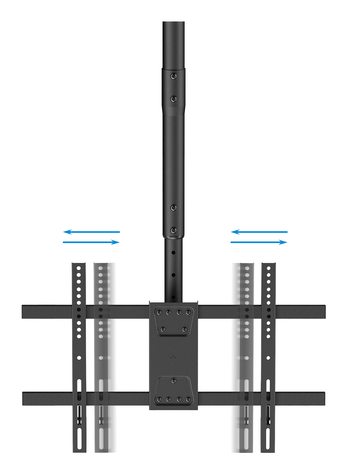 Soporte de TV negro con brazos ajustables y un poste central, las flechas indican el ajuste deslizante.