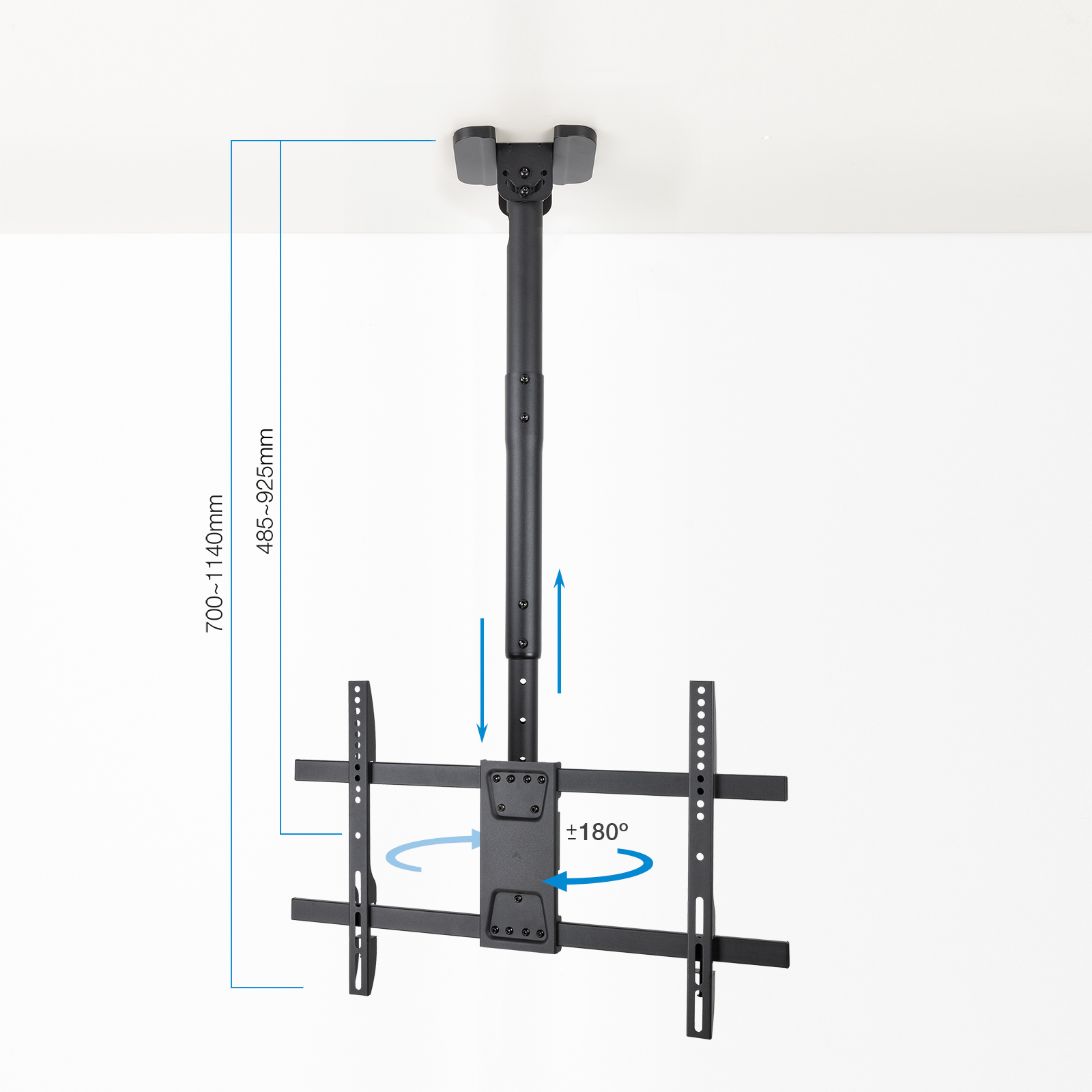 Soporte de TV para techo. Construcción metálica negra con altura y giro ajustables. Medidas en mm. Fondo blanco.