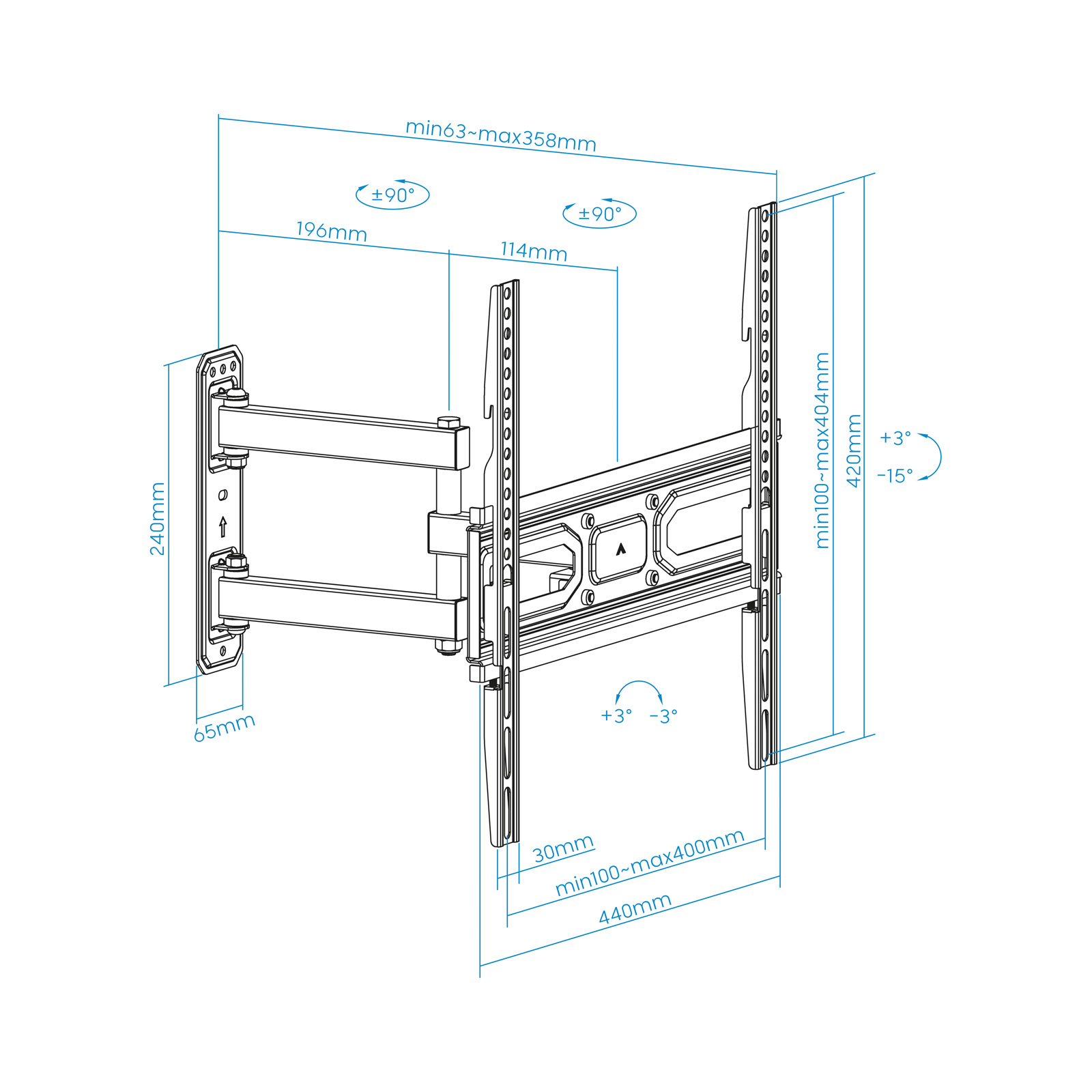 Diagrama de un soporte de pared para TV que muestra las dimensiones: 240 mm, 65 mm, min63-max358 mm, 196 mm, 114 mm, 420 mm, 30 mm y 440 mm.