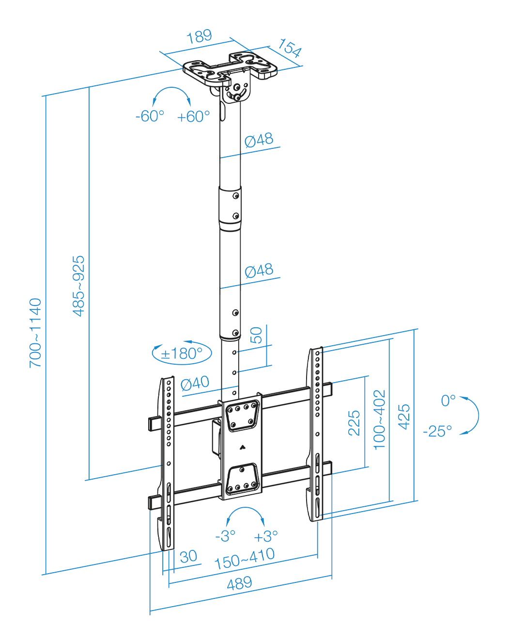 Diagrama de un soporte de techo para TV con dimensiones. Incluye una placa de techo, un poste ajustable y un soporte.